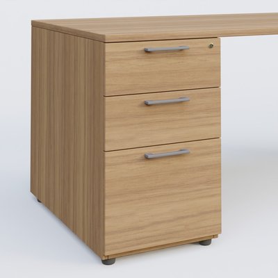 [Pas de famille] - [Pas de sous famille] - K1 Plateau droit 140x80 avec caisson porteur sous plateau mélamine à gauche. Plateau Noyer et pietement Aluminium