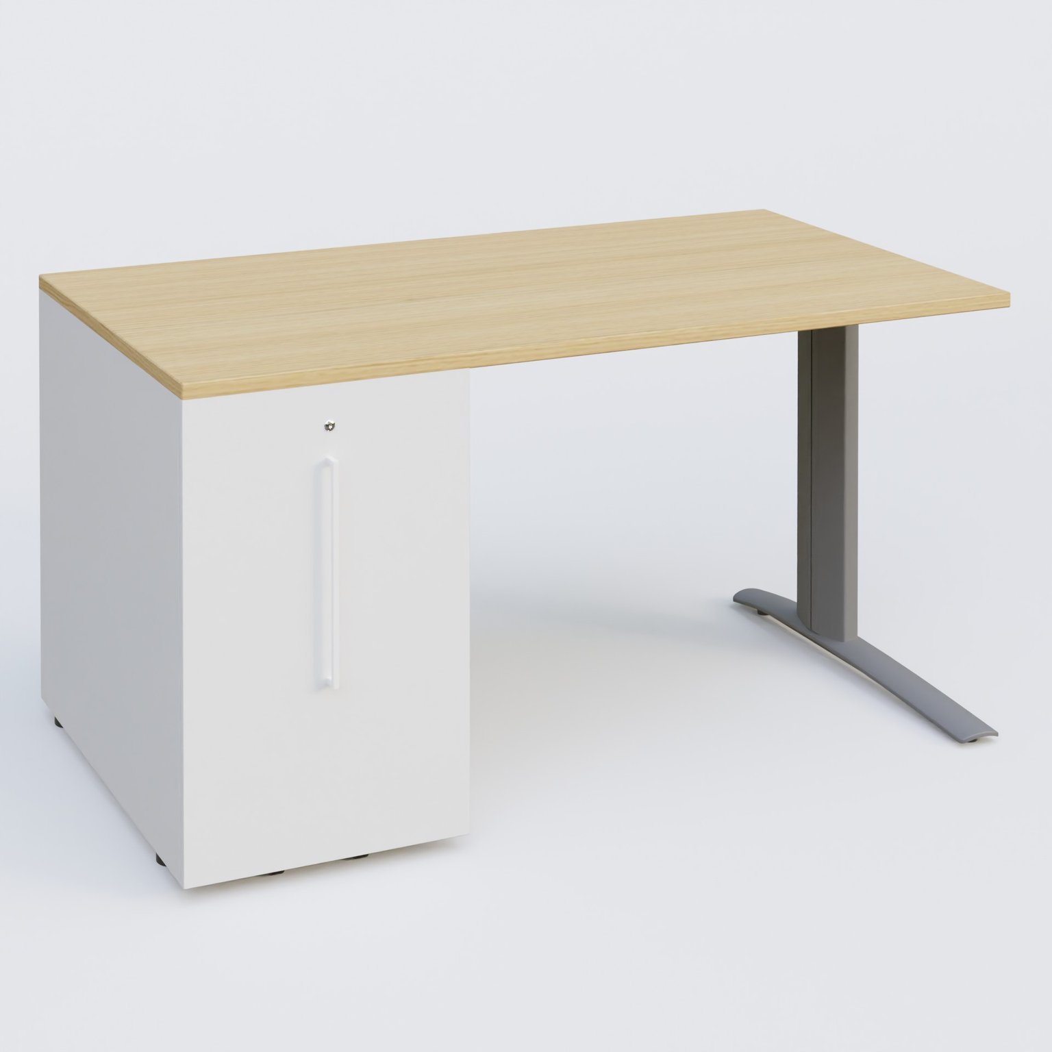 K1 Plateau droit 140x80 avec tour de rangement sous plateau à gauche. Plateau Chêne clair et pietement Aluminium
