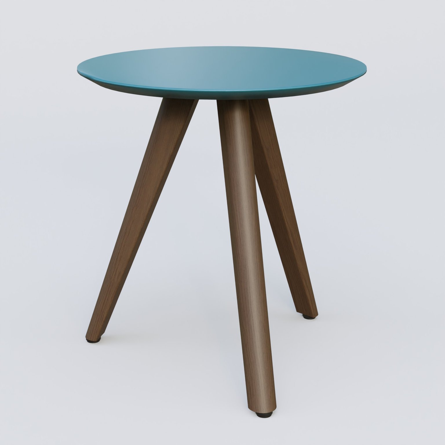 Table Basse Fashion Styl piètement 3 pieds en bois et plateau bois. Plateau Bleu Petrole (RAL 5025) et pietement Chêne Moka.
