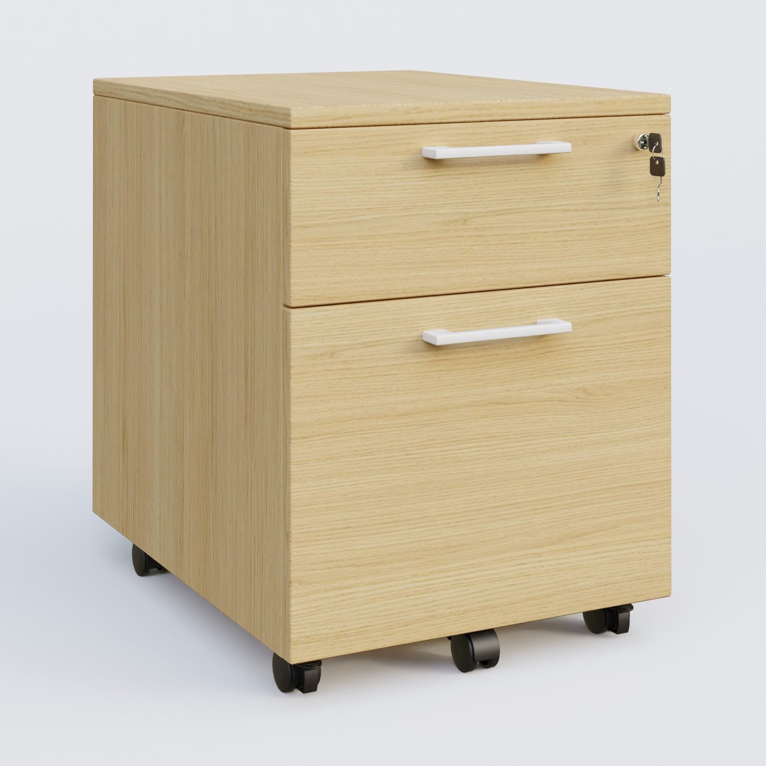 Caisson mobile mélamine 2 tiroirs, hauteur 55 cm. Caisson Chêne clair et poignets Blanc.