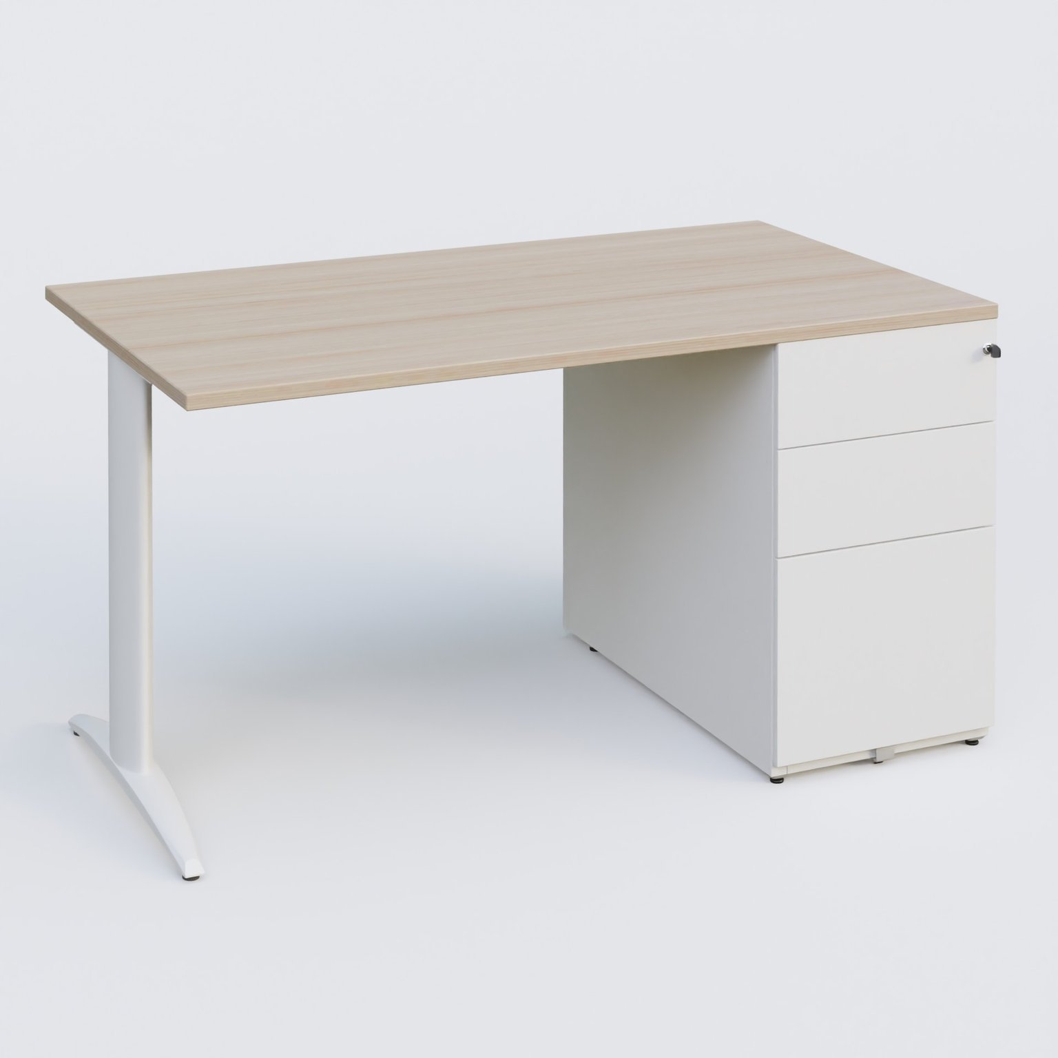 K2 Plateau droit 140x80 avec caisson métalique sous le plateau. Plateau Acacia et pietement Blanc