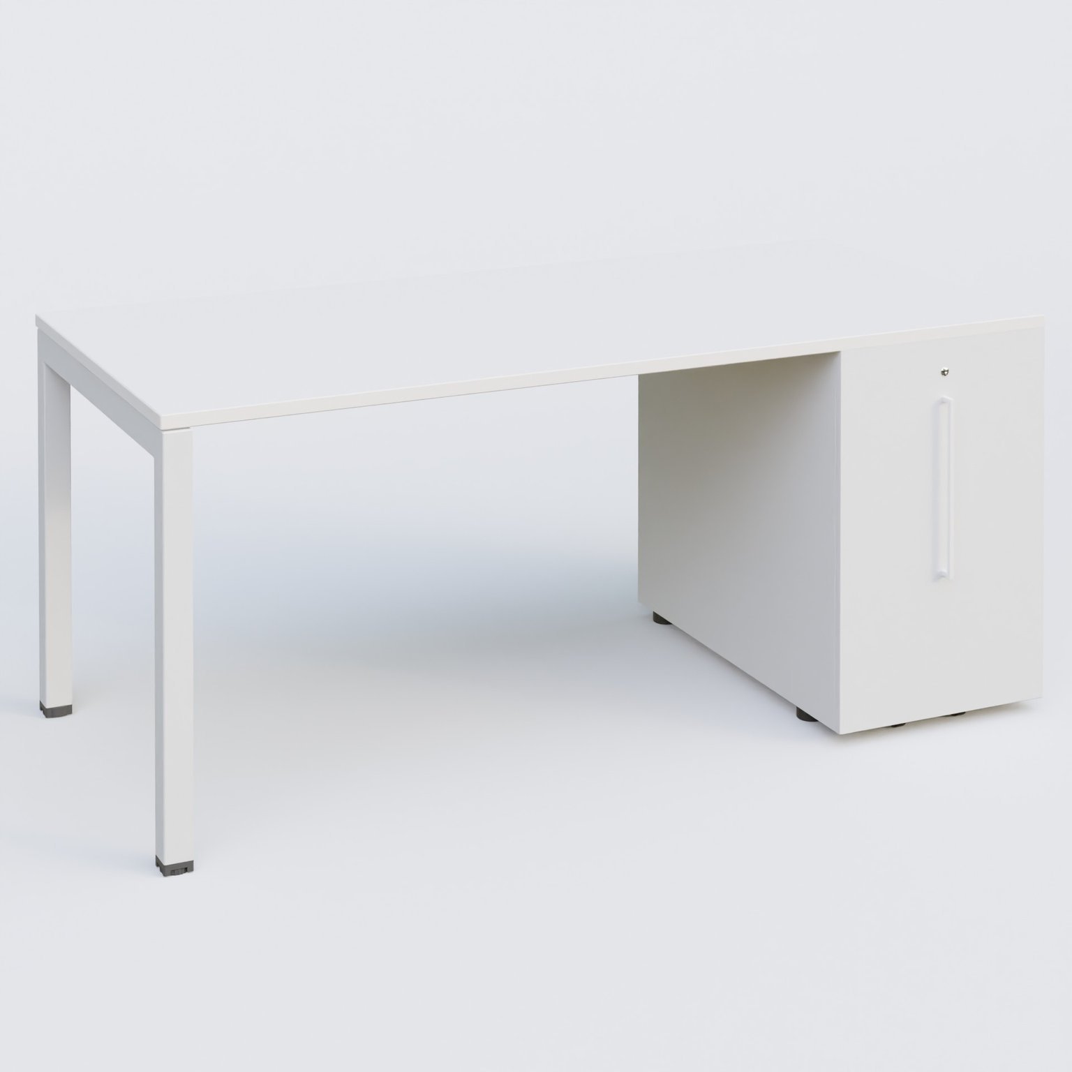 K3 Plateau droit 180x80 avec tour de rangement sous le plateau à droite. Plateau Blanc et pietement Blanc