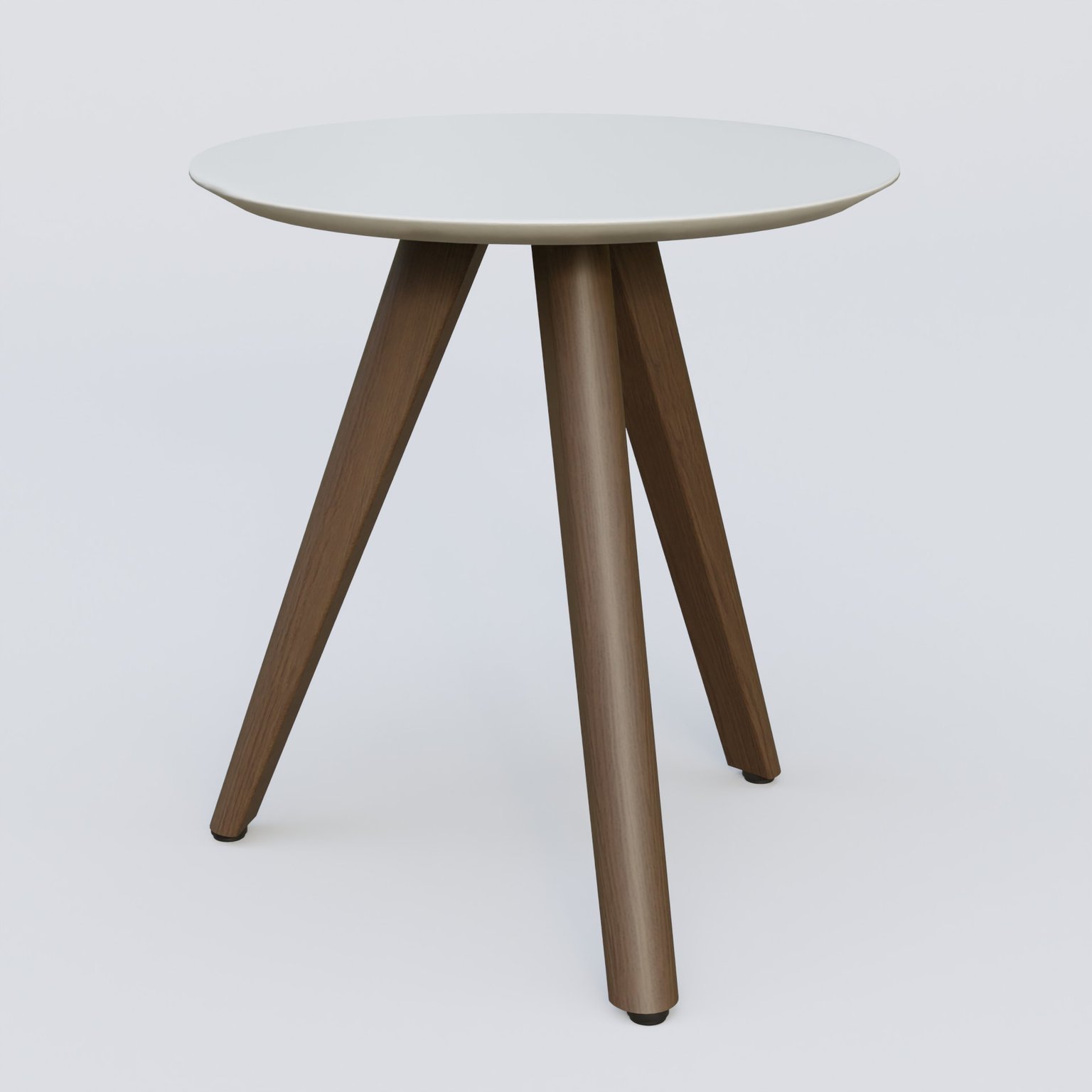 Table Basse Fashion Styl piètement 3 pieds en bois et plateau bois. Plateau Blanc (RAL 9010) et pietement Chêne Moka.