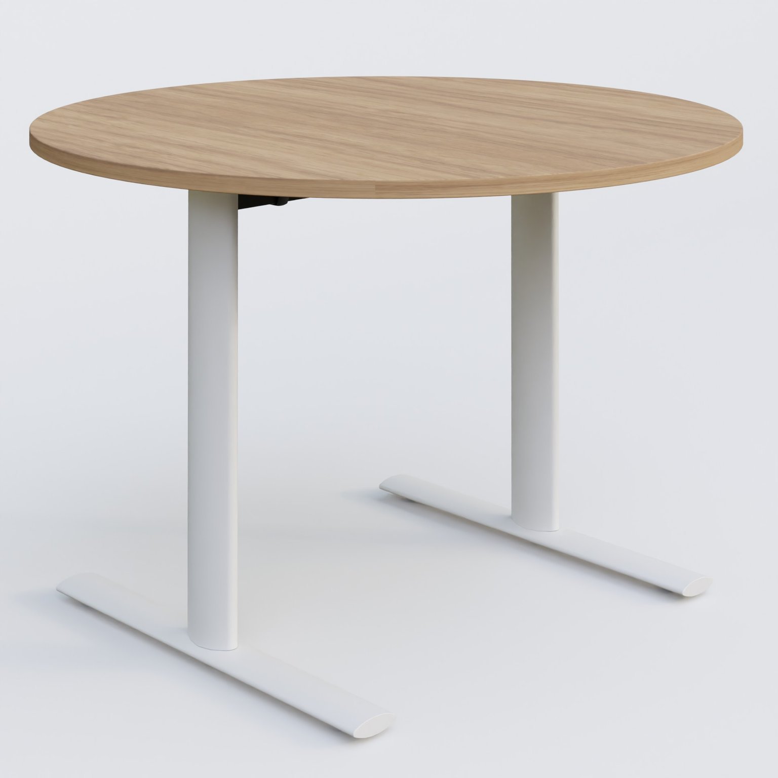 Table ronde gamme Pure diametre 110 cm. Plateau Noyer et pietement Blanc.