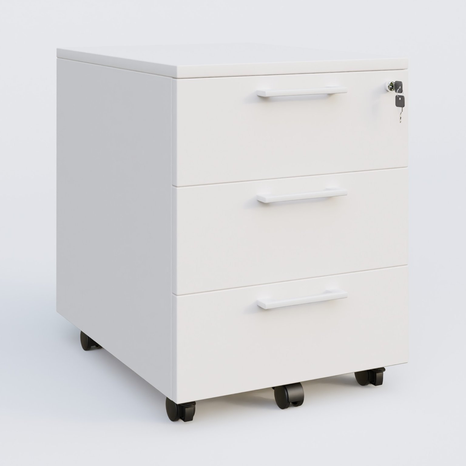 Caisson mobile mélamine 3 tiroirs, hauteur 55 cm. Caisson Blanc et poignets Blanc.