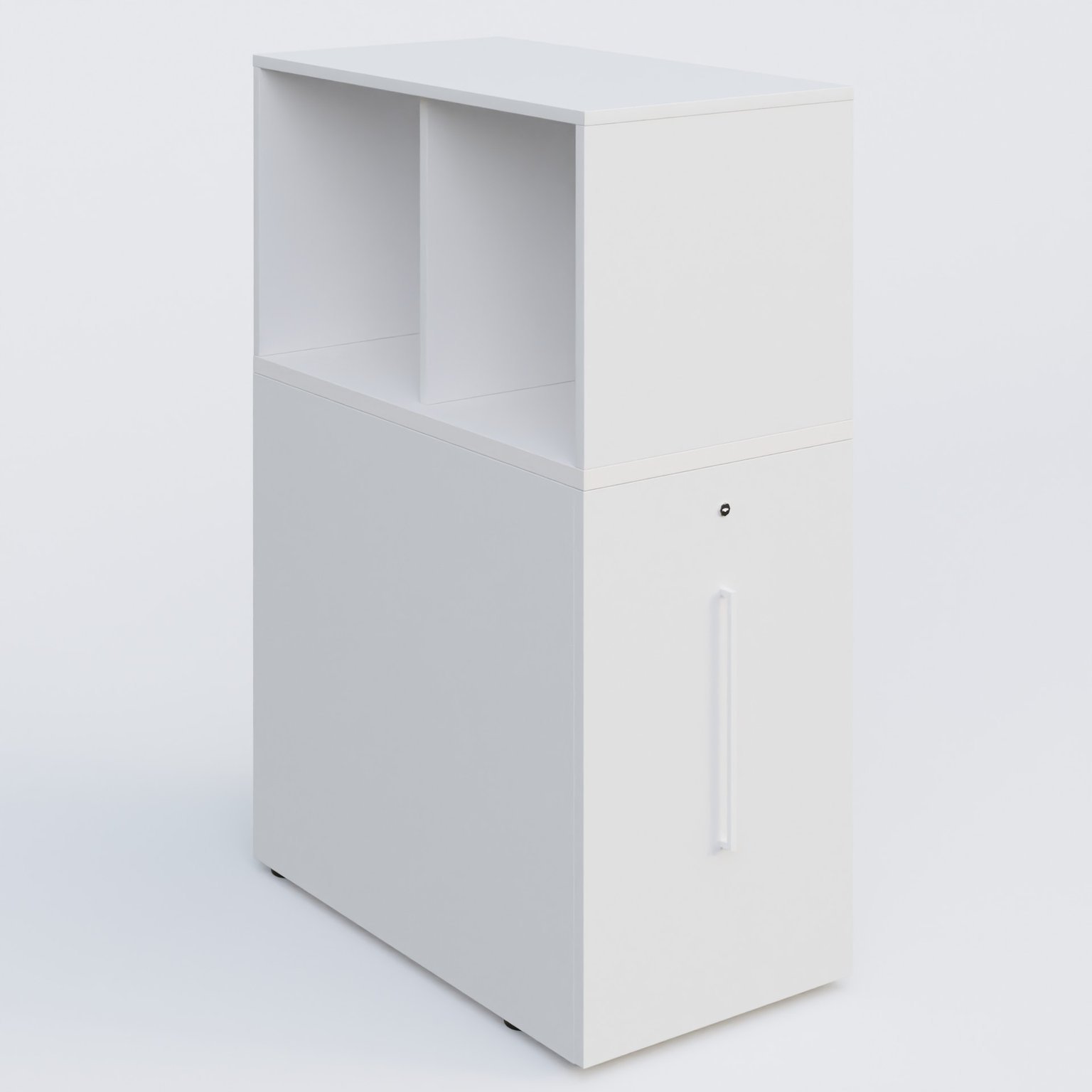 Tour de rangement hauteur de bureau position à droite avec Niche. Caisson Blanc et top de finition Blanc.