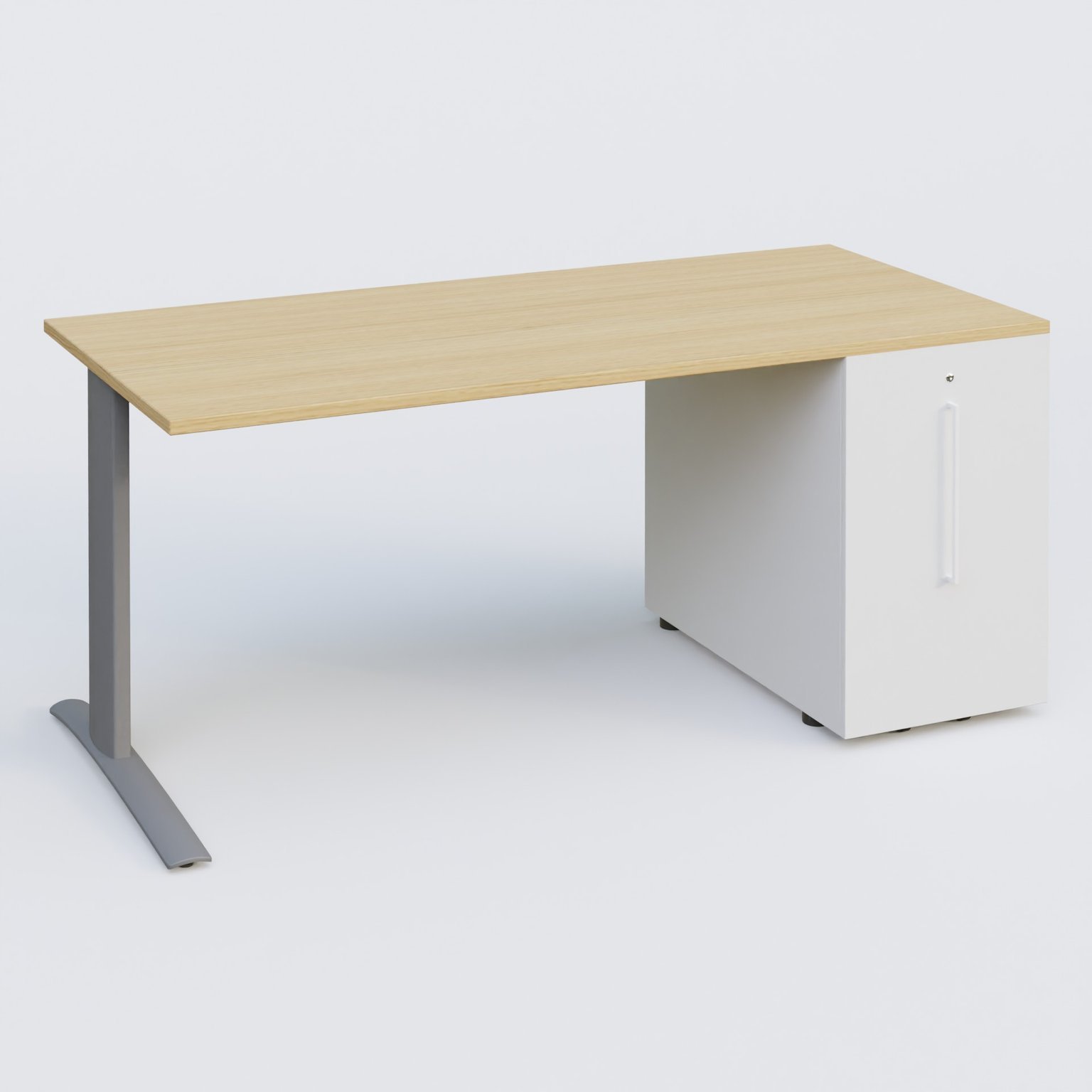 K1 Plateau droit 180x80 avec tour de rangement sous plateau à droite. Plateau Chêne clair et pietement Aluminium