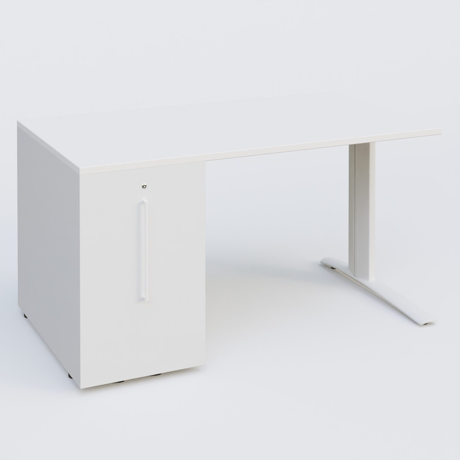 K1 Plateau droit 140x80 avec tour de rangement sous plateau à gauche. Plateau Blanc et pietement Blanc