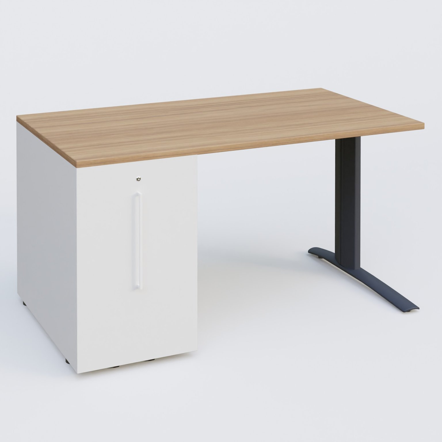 K1 Plateau droit 140x80 avec tour de rangement sous plateau à gauche. Plateau Noyer et pietement Anthracite