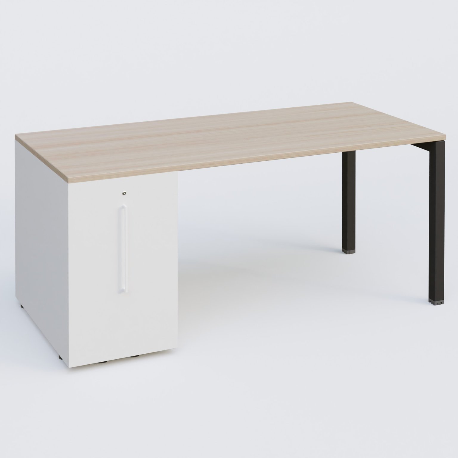 K3 Plateau droit 180x80 avec tour de rangement sous le plateau à gauche. Plateau Acacia et pietement Noir Mat
