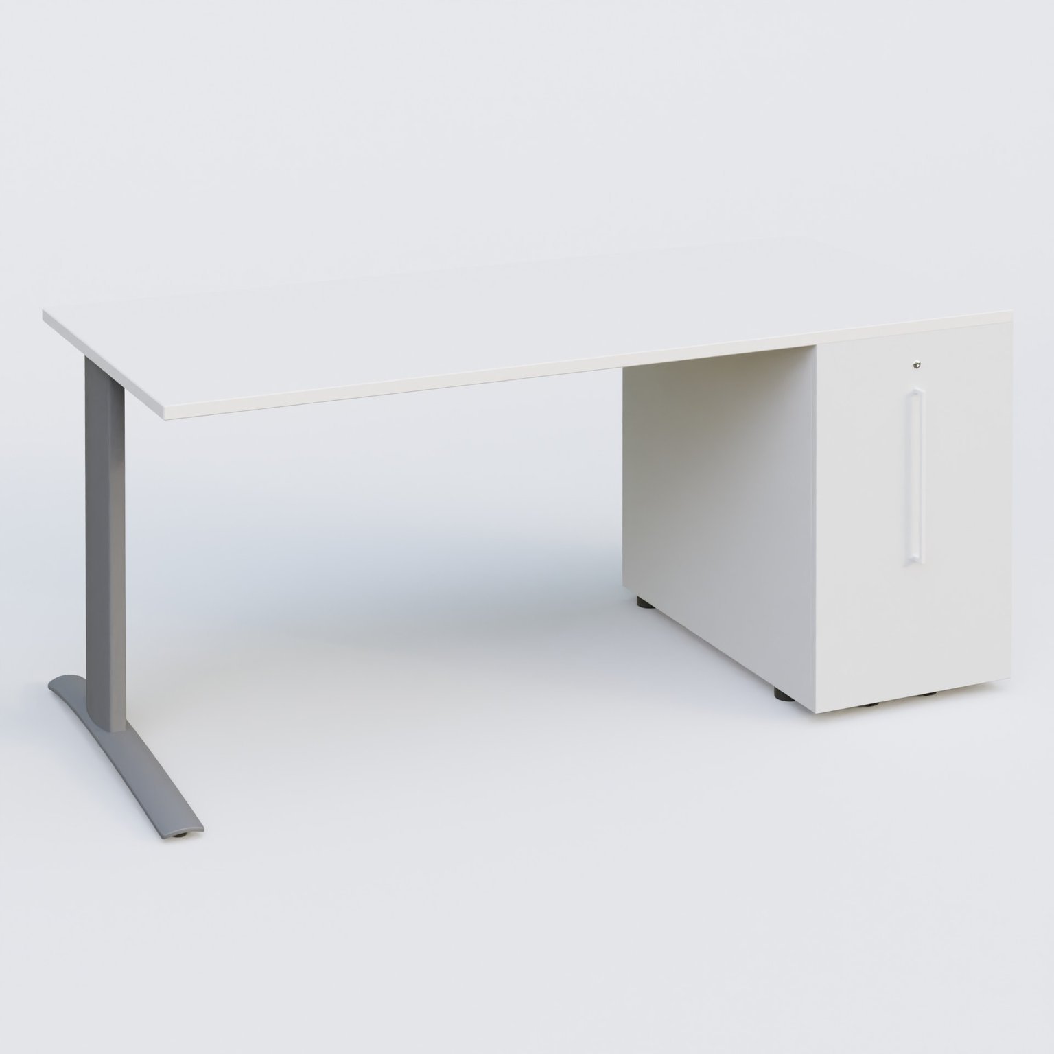K1 Plateau droit 180x80 avec tour de rangement sous plateau à droite. Plateau Blanc et pietement Aluminium