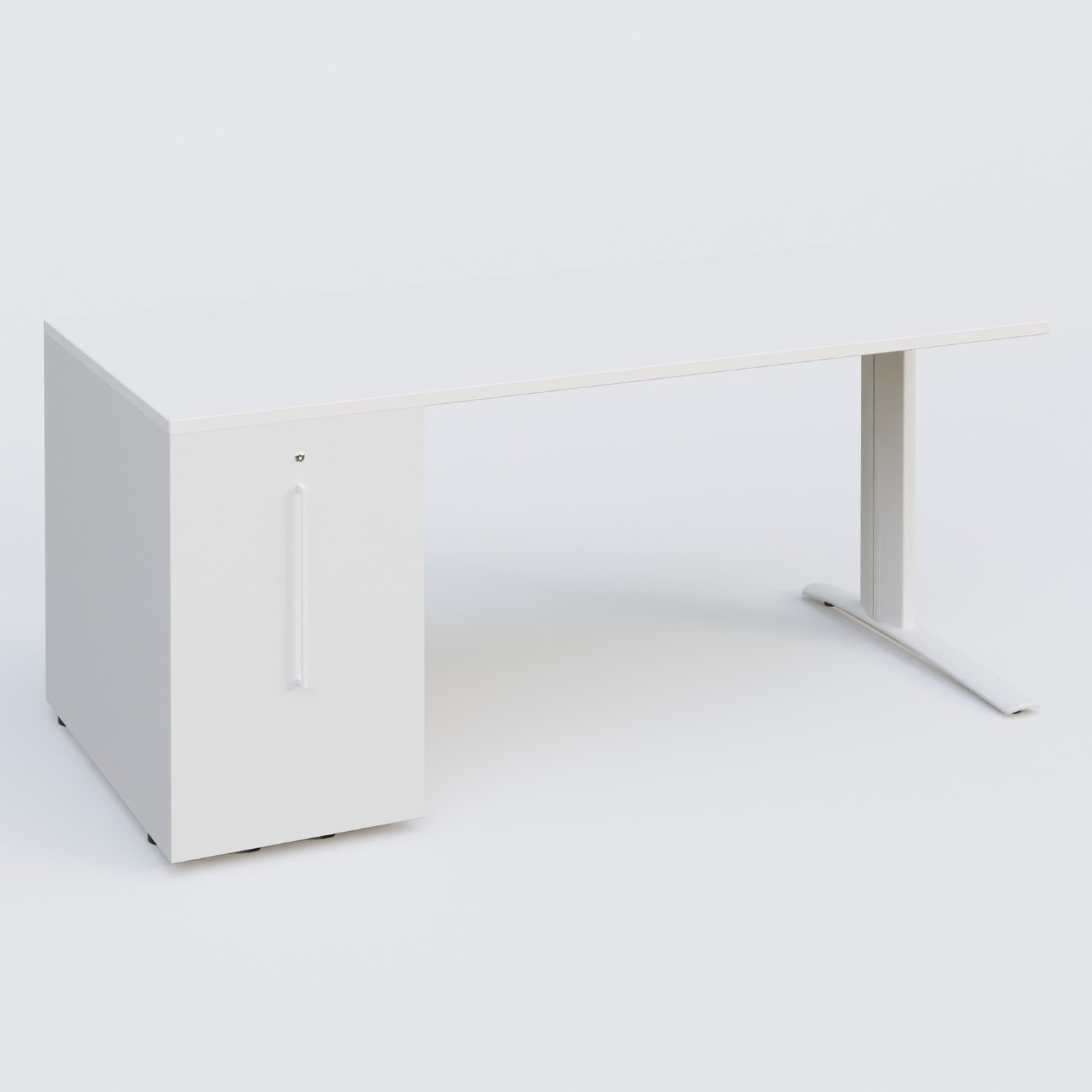 K1 Plateau droit 180x80 avec tour de rangement sous plateau à gauche. Plateau Blanc et pietement Blanc