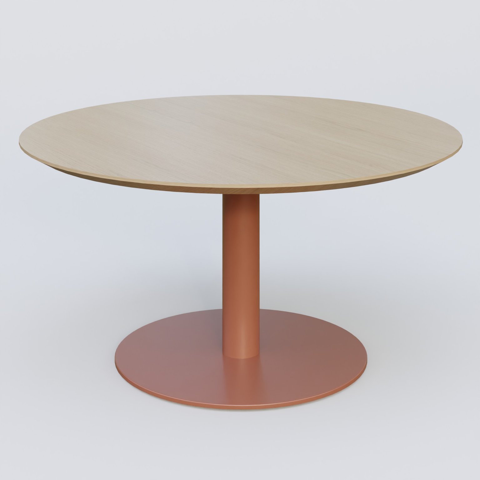 Table Basse Fashion Styl piètement colonne en métal et plateau bois. Plateau Chêne et pietement Brun cuivré (RAL 8004).