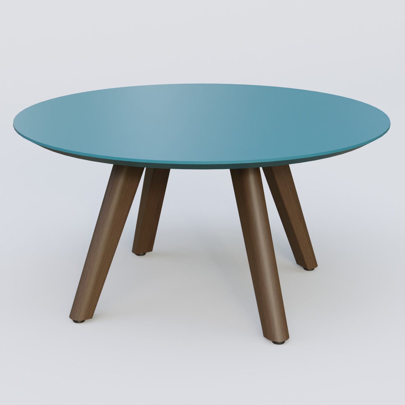 Table Basse Fashion Styl piètement 3 pieds en bois et plateau bois. Plateau Bleu Petrole (RAL 5025) et pietement Chêne Moka.