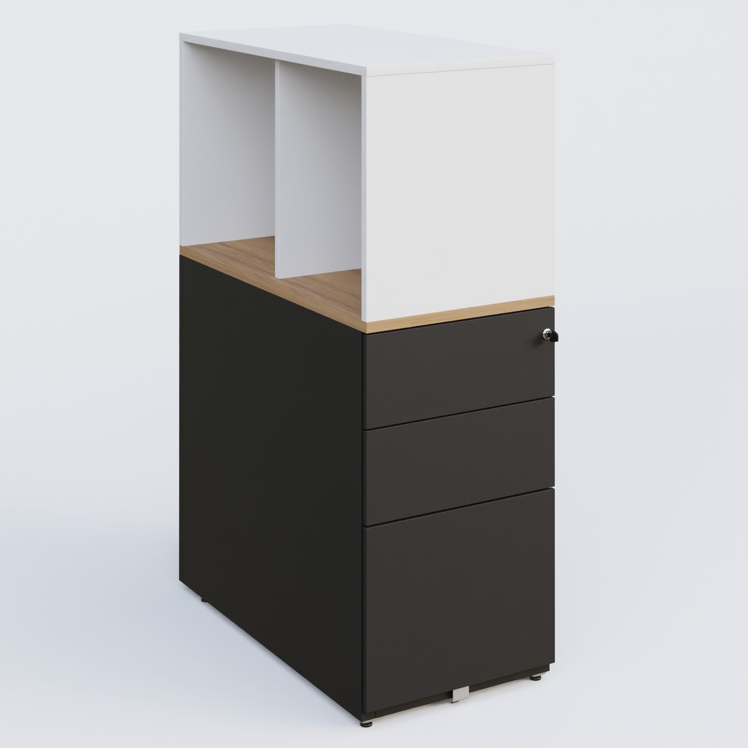 Caisson HB 3 tiroirs avec niche. Caisson Noir Grainé top de finition Noyer et niche blanche.