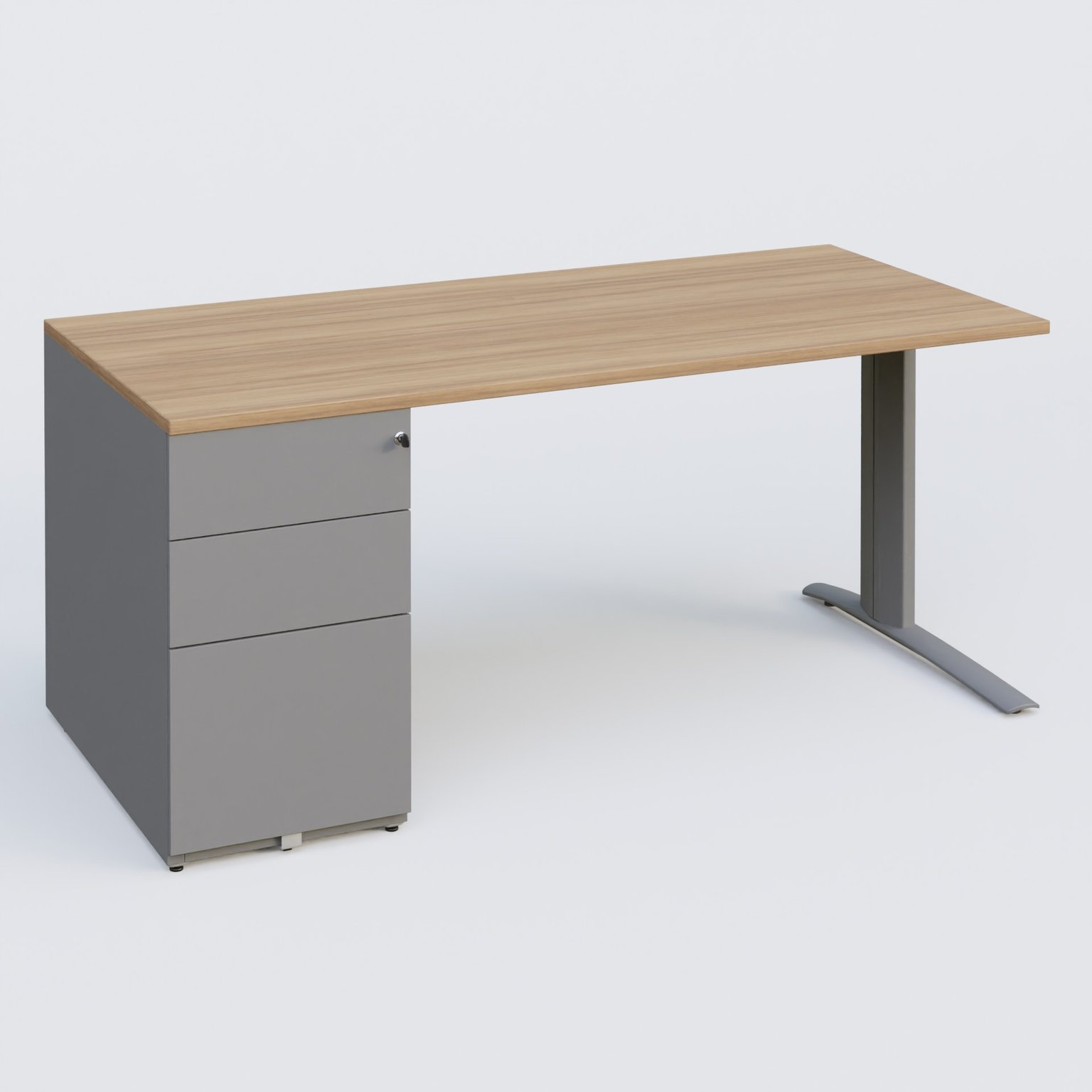 K1 Plateau droit 180x80 avec caisson métal porteur sous plateau à gauche. Plateau Noyer et pietement Aluminium