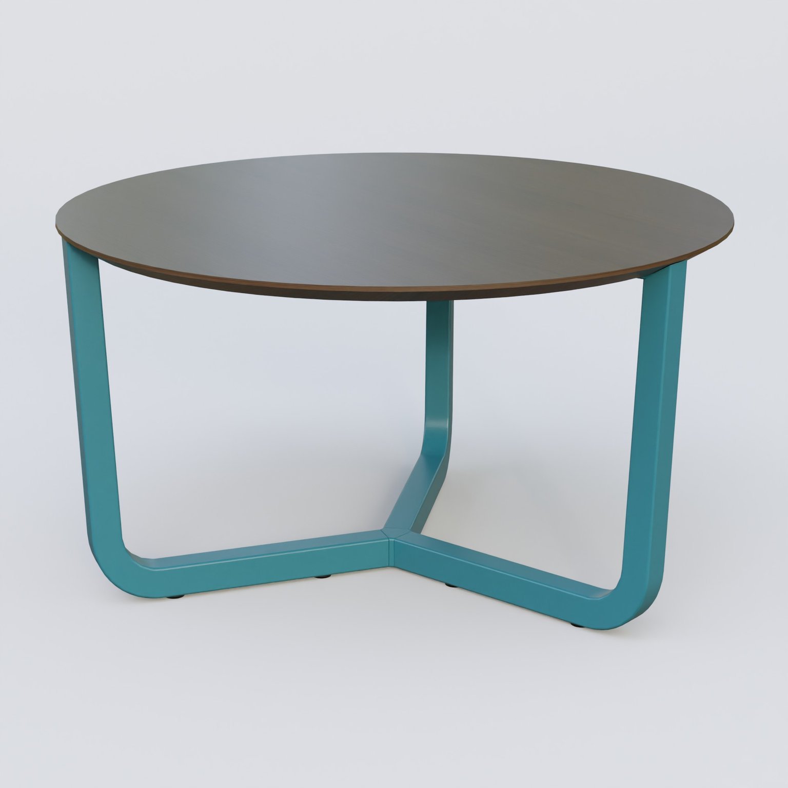 Table Basse Fashion Styl piètement tryptique en métal et plateau bois. Plateau Chêne Moka et pietement Bleu Petrole (RAL 5025).