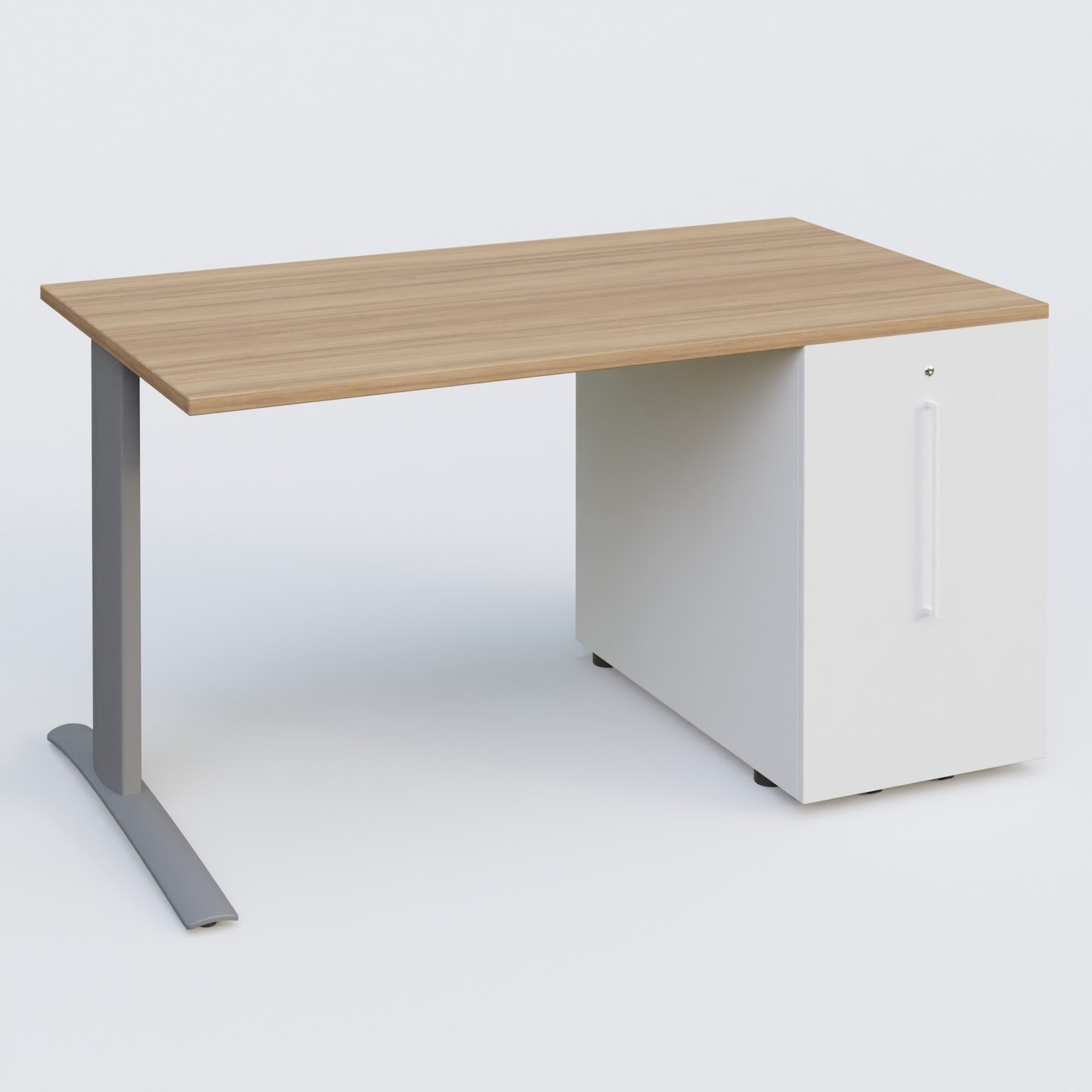 K1 Plateau droit 140x80 avec tour de rangement sous plateau à droite. Plateau Noyer et pietement Aluminium
