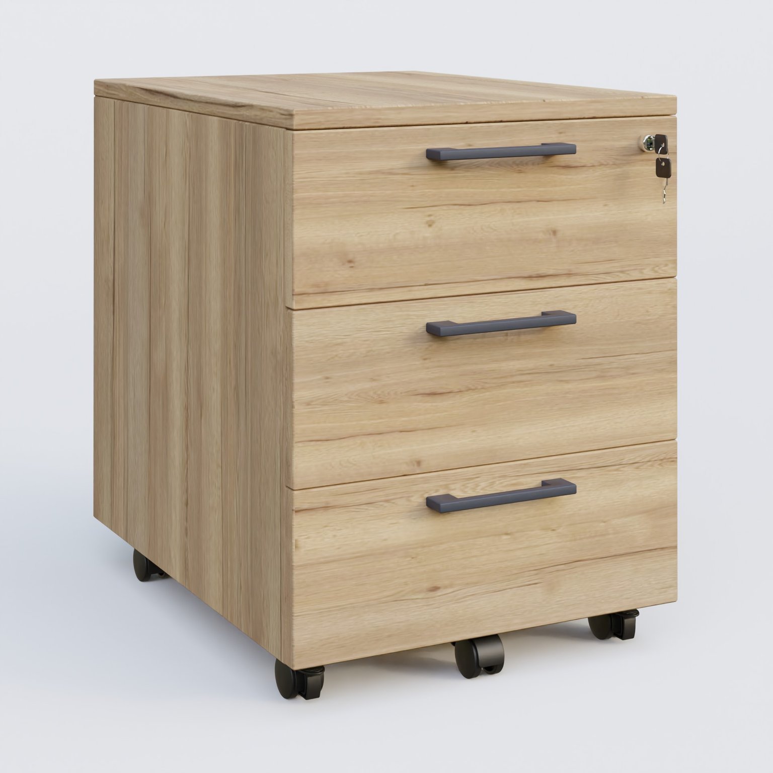 Caisson mobile mélamine 3 tiroirs, hauteur 55 cm. Caisson Chêne naturel et poignets Anthracite.
