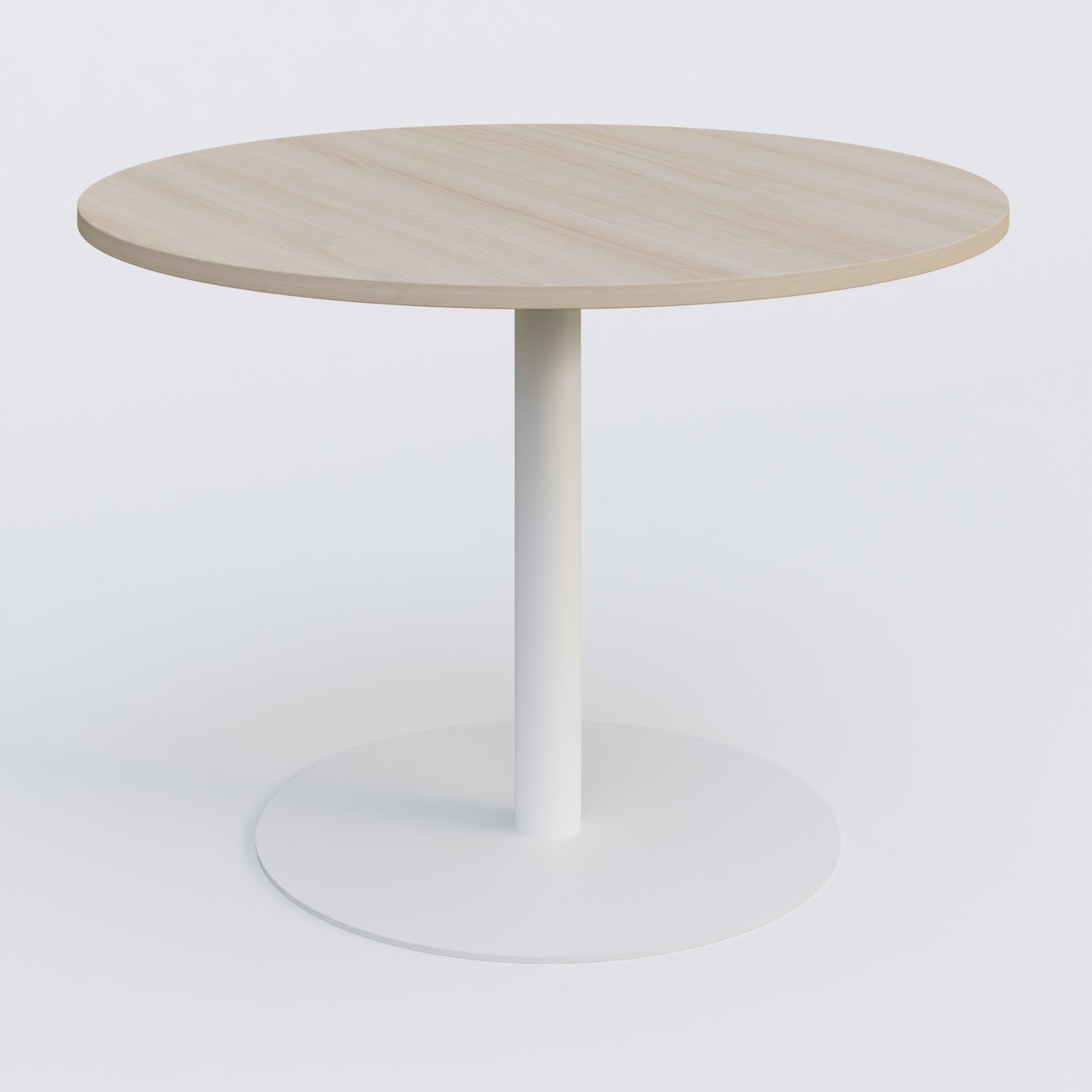 Table ronde diametre 110 cm avec pieds colonne centrale. Plateau Acacia et pietement Blanc