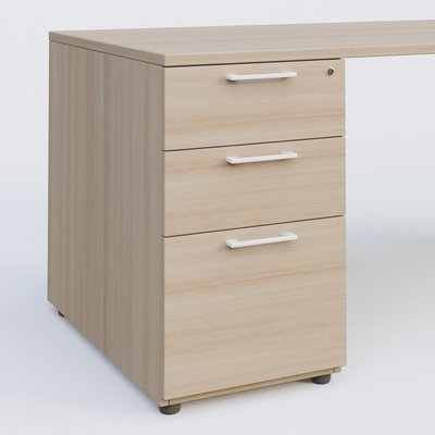 [Pas de famille] - [Pas de sous famille] - K1 Plateau droit 140x80 avec caisson porteur sous plateau mélamine à gauche. Plateau Acacia et pietement Blanc