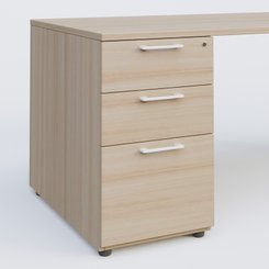 [Pas de famille] - [Pas de sous famille] - K1 Plateau droit 140x80 avec caisson porteur sous plateau mélamine à gauche. Plateau Acacia et pietement Blanc