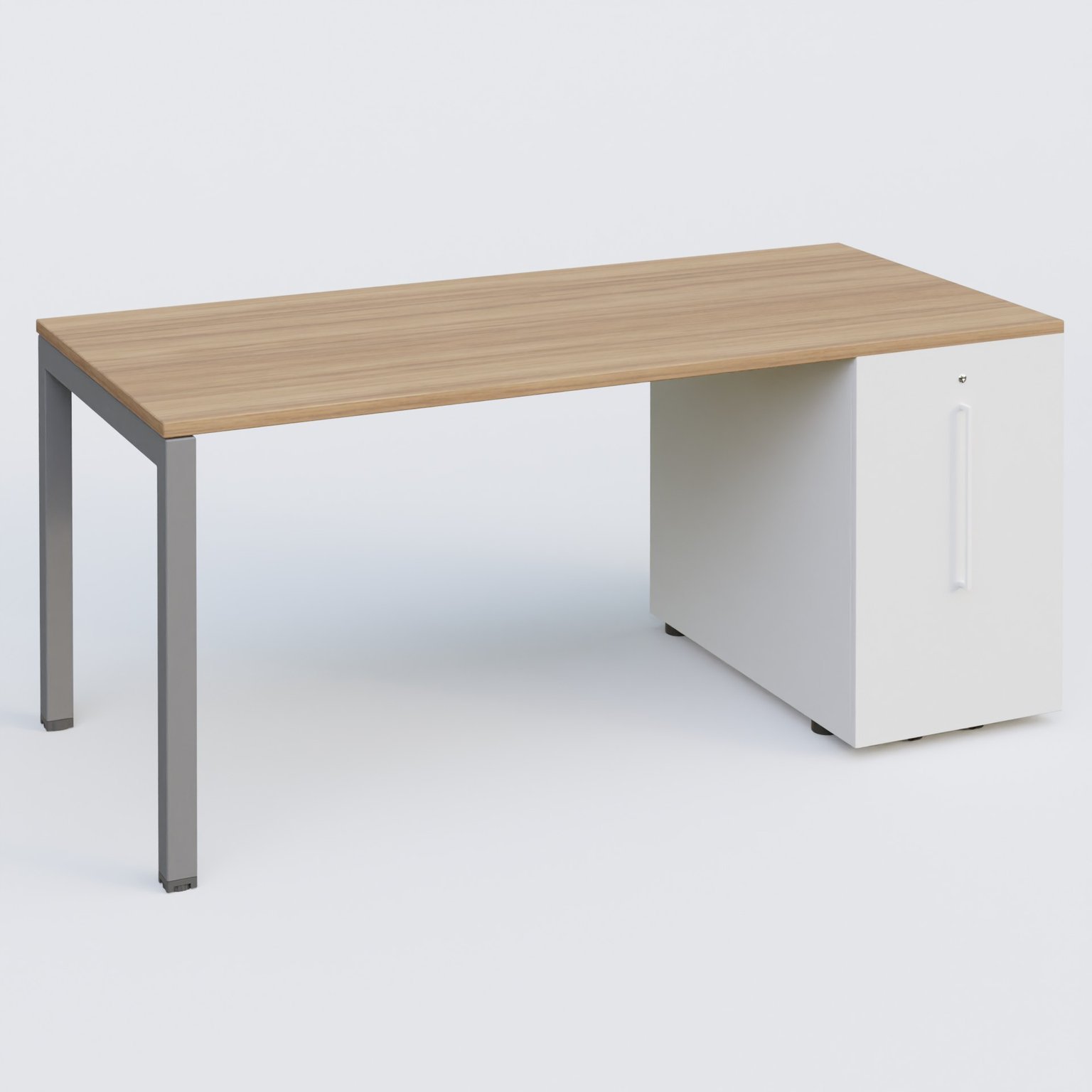 K3 Plateau droit 180x80 avec tour de rangement sous le plateau à droite. Plateau Noyer et pietement Aluminium
