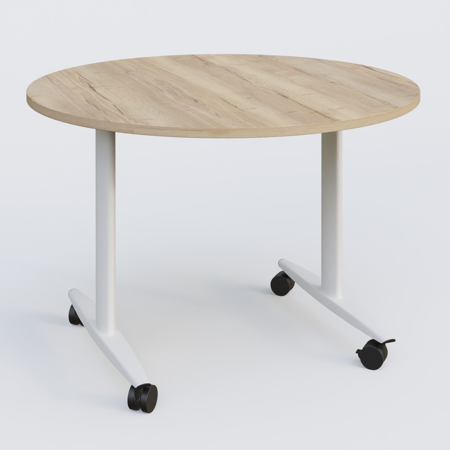 Table ronde abattante gamme Design D110 cm. Plateau Chêne naturel et pietement Blanc.