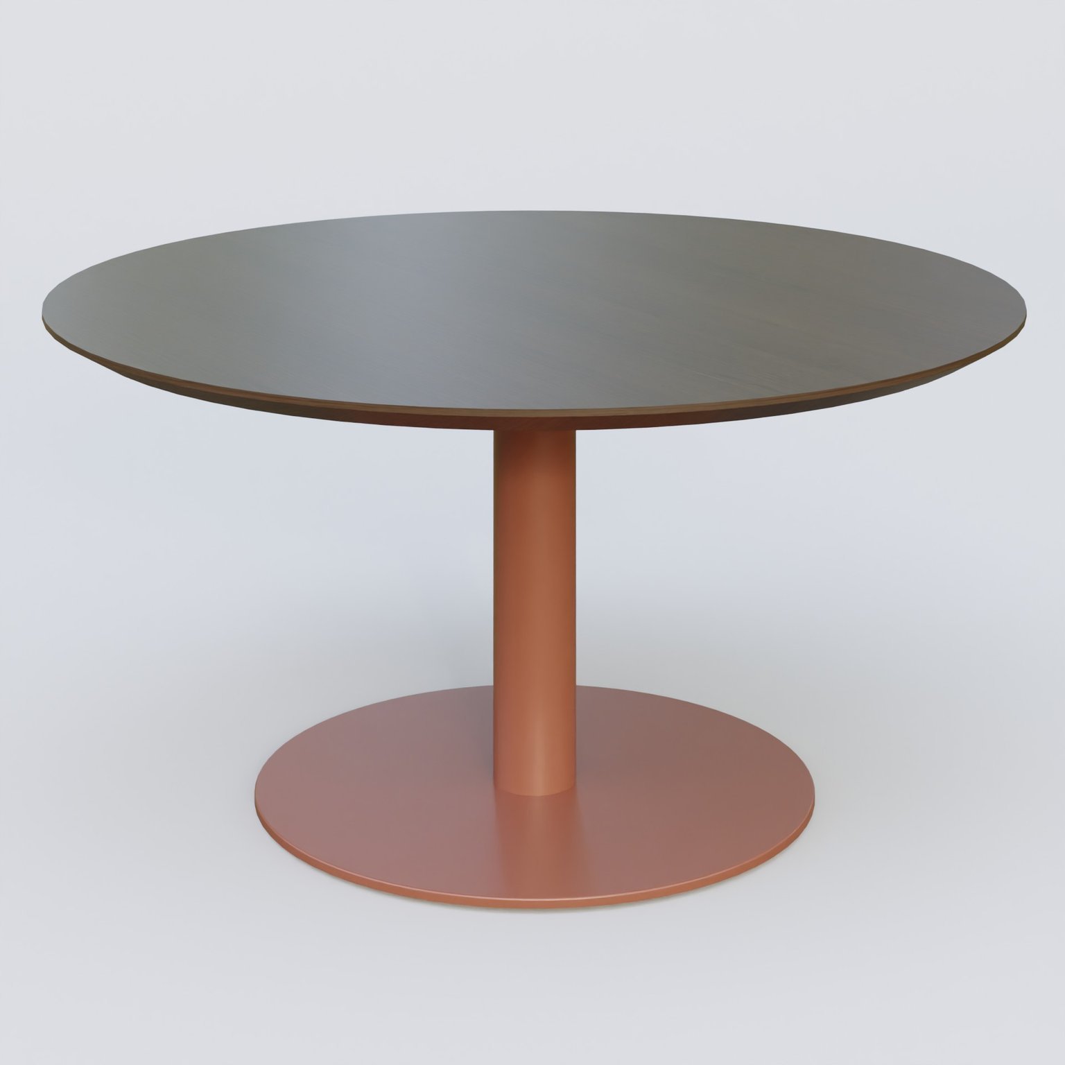 Table Basse Fashion Styl piètement colonne en métal et plateau bois. Plateau Chêne Moka et pietement Brun cuivré (RAL 8004).