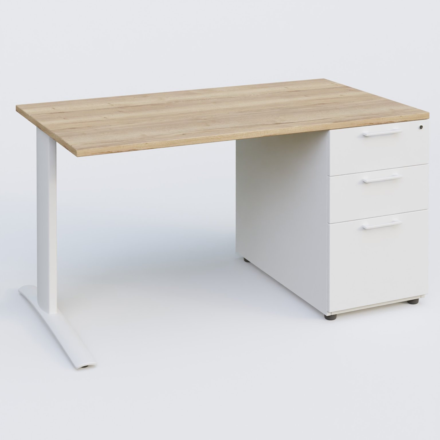 K1 Plateau droit 140x80 avec caisson porteur sous plateau mélamine à droite. Plateau Chêne naturel et pietement Blanc