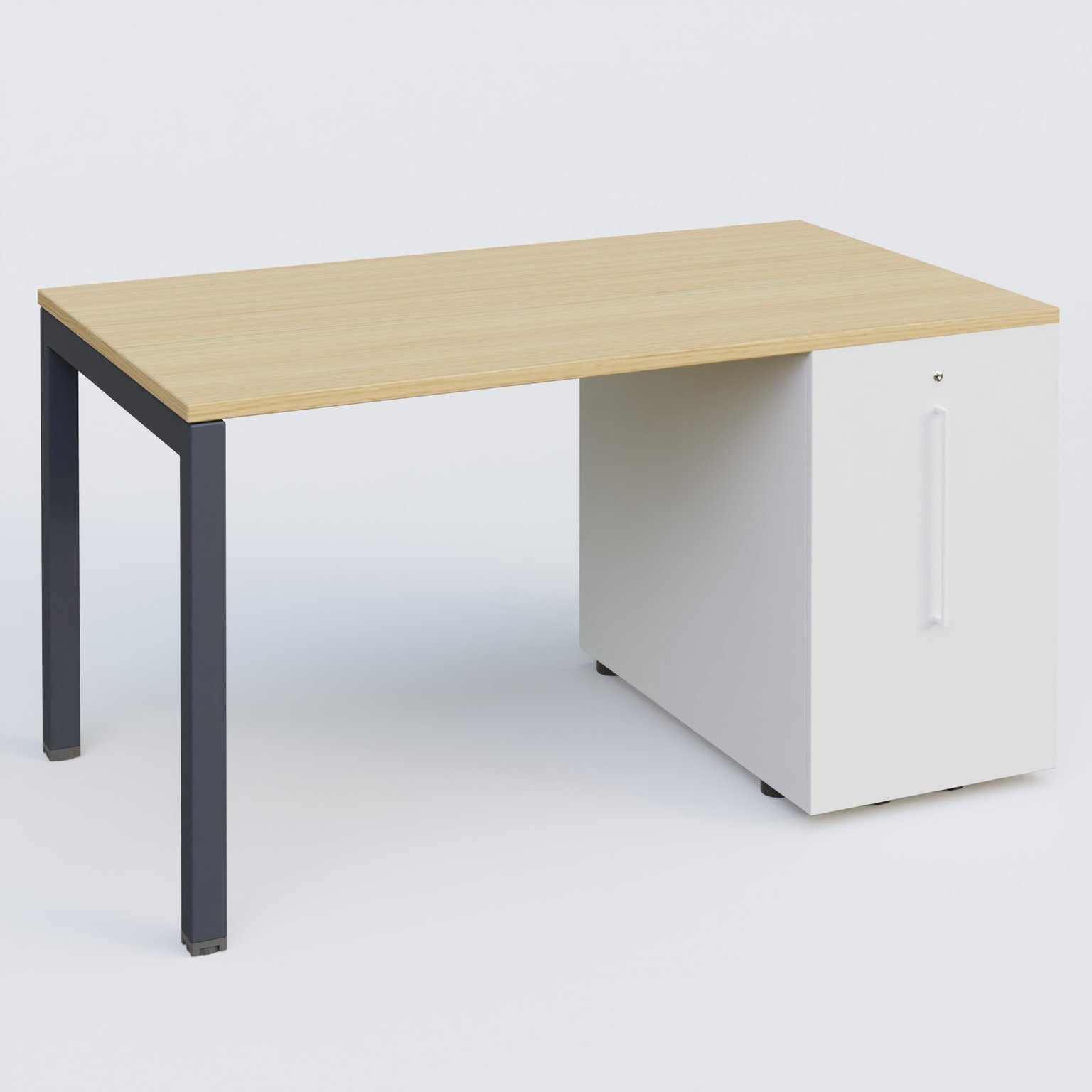 K3 Plateau droit 140x80 avec tour de rangement sous le plateau à droite. Plateau Chêne clair et pietement Anthracite