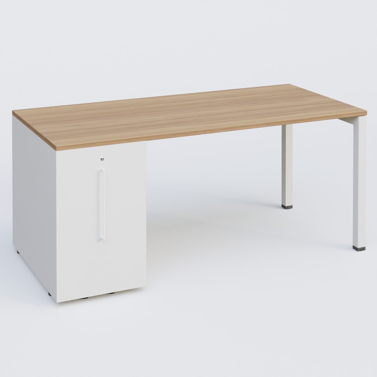 K3 Plateau droit 180x80 avec tour de rangement sous le plateau à gauche. Plateau Noyer et pietement Blanc