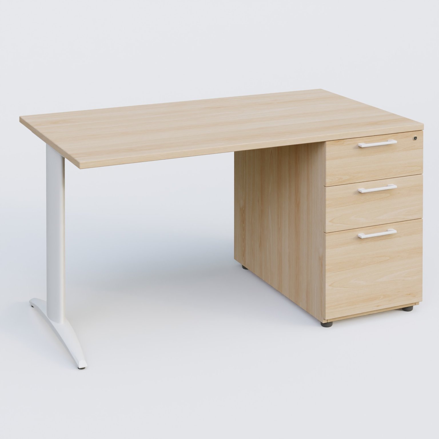 K2 Plateau droit 140x80 avec caisson porteur mélamine sous le plateau. Plateau , caisson Hêtre et pietement Blanc
