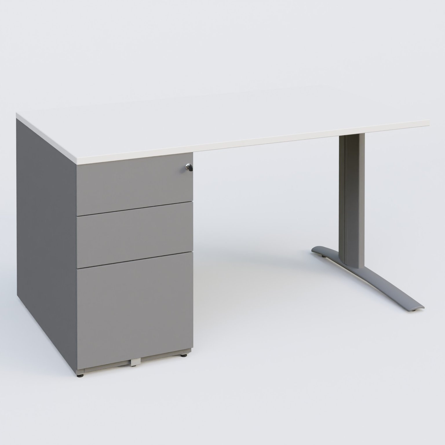 K1 Plateau droit 140x80 avec caisson métal porteur sous plateau à gauche. Plateau Blanc et pietement Aluminium