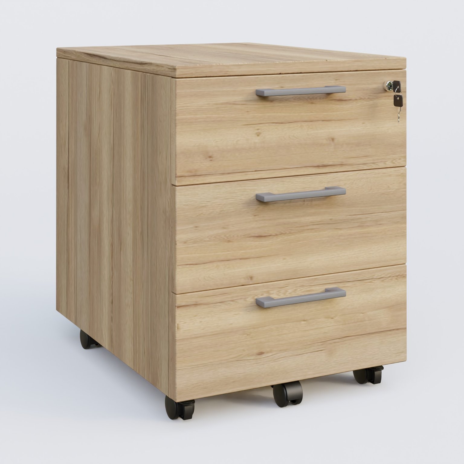 Caisson mobile mélamine 3 tiroirs, hauteur 55 cm. Caisson Chêne naturel et poignets Aluminium.