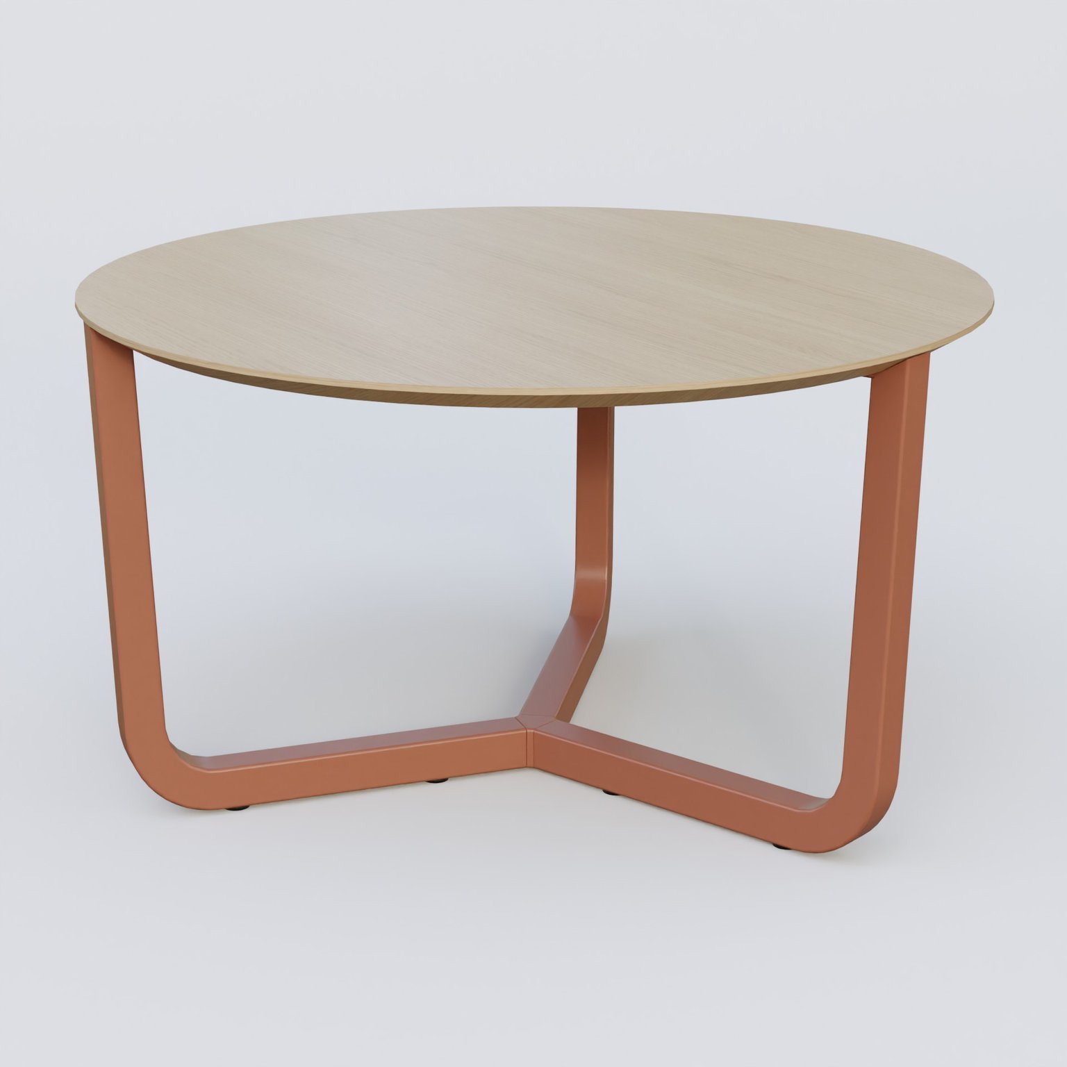 Table Basse Fashion Styl piètement tryptique en métal et plateau bois. Plateau Chêne et pietement Brun cuivré (RAL 8004).