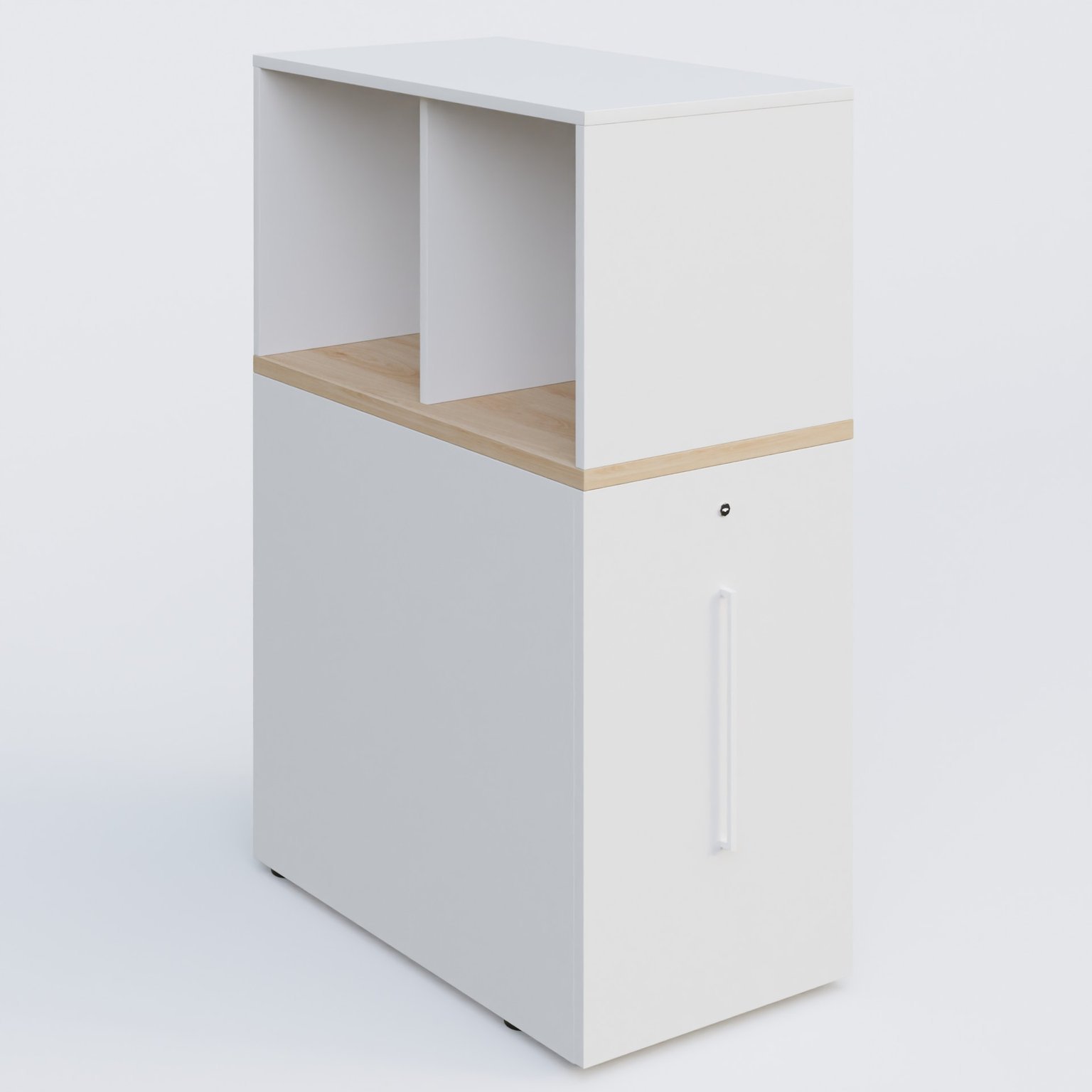 Tour de rangement hauteur de bureau position à droite avec Niche. Caisson Hêtre et top de finition Blanc.