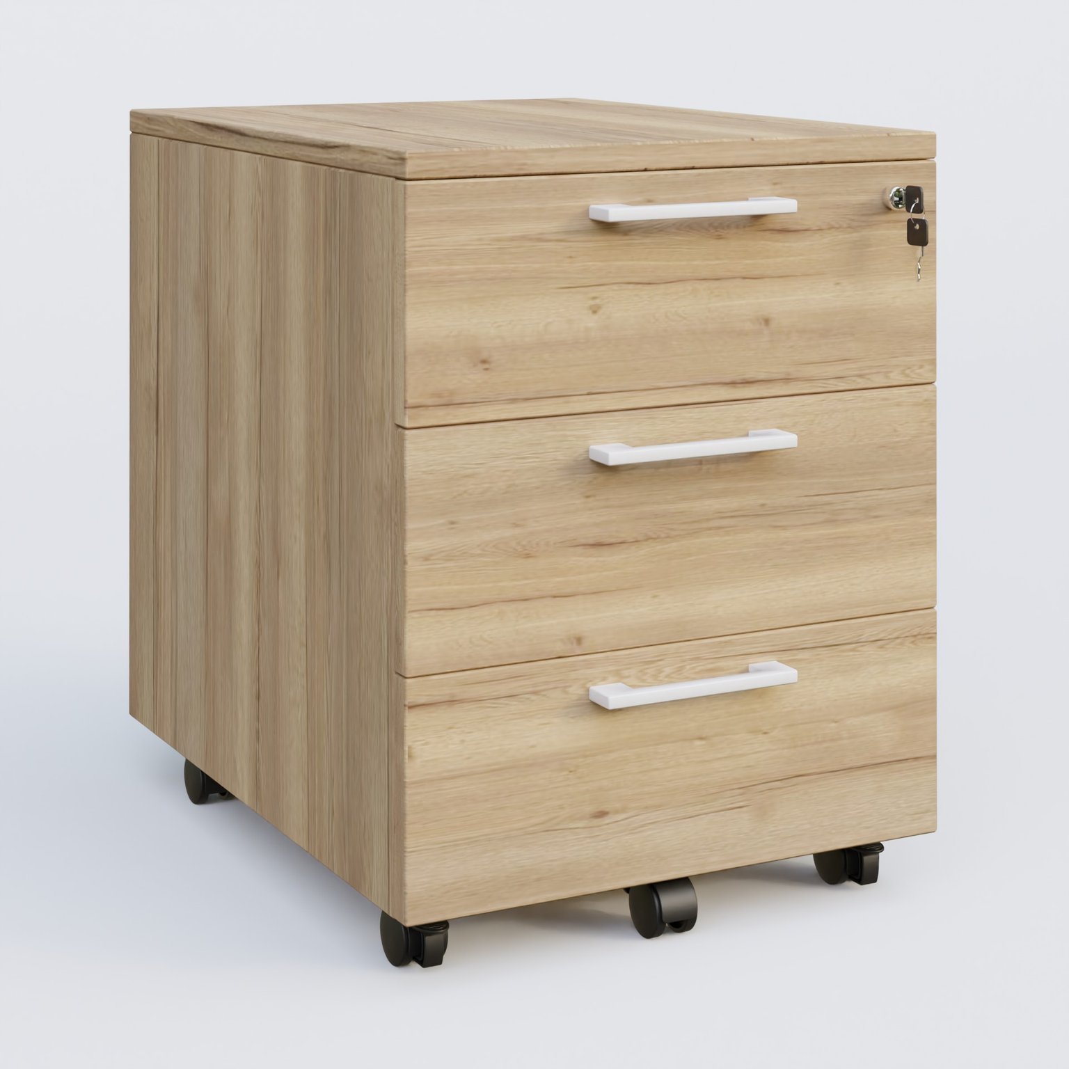 Caisson mobile mélamine 3 tiroirs, hauteur 55 cm. Caisson Chêne naturel et poignets Blanc.