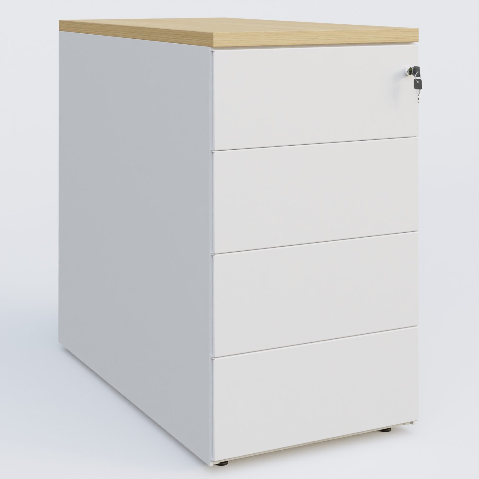 Caisson hauteur de bureau métalique 4 tiroirs avec top de finition, profondeur 80cm. Plateau Chêne clair et caisson Blanc.