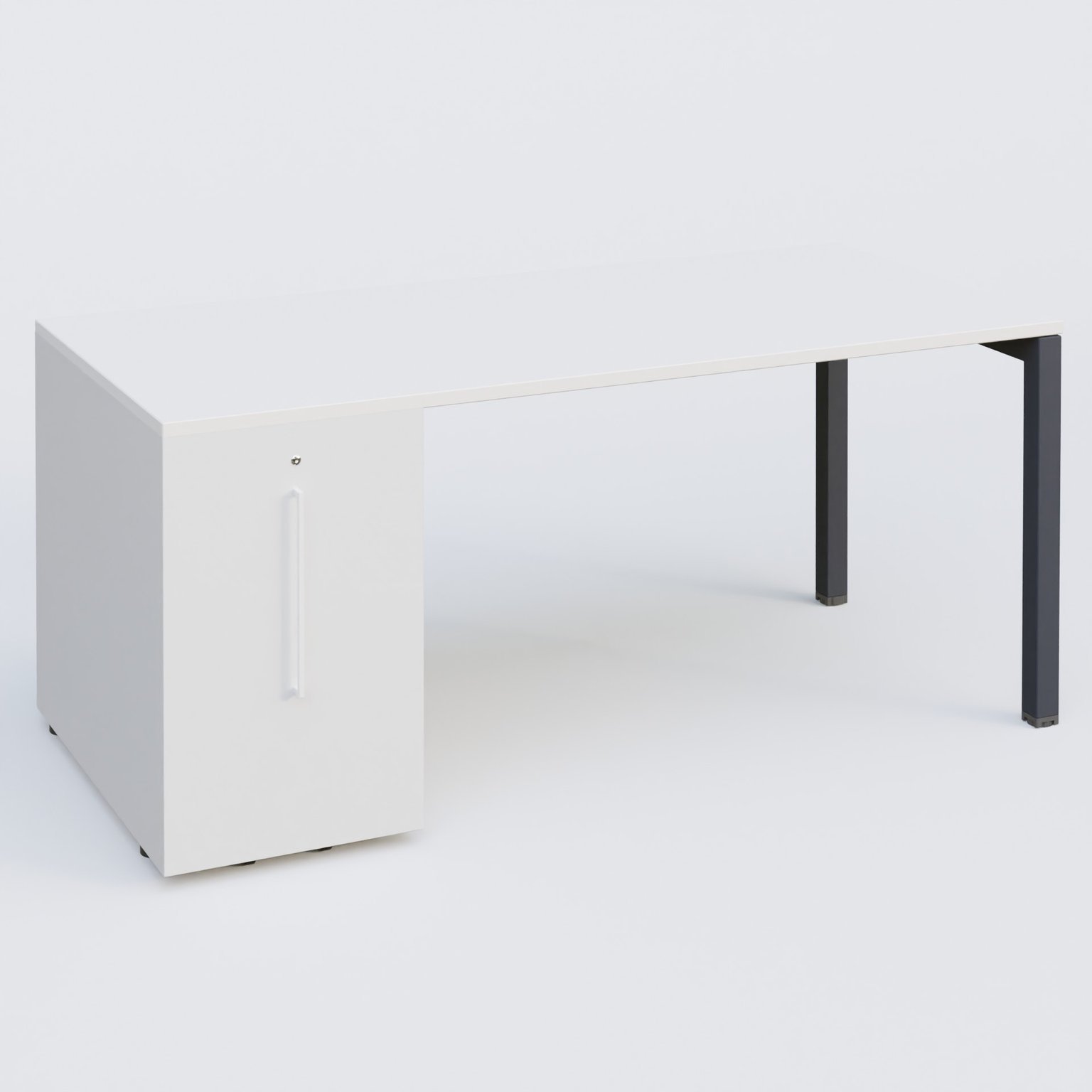 K3 Plateau droit 180x80 avec tour de rangement sous le plateau à gauche. Plateau Blanc et pietement Anthracite
