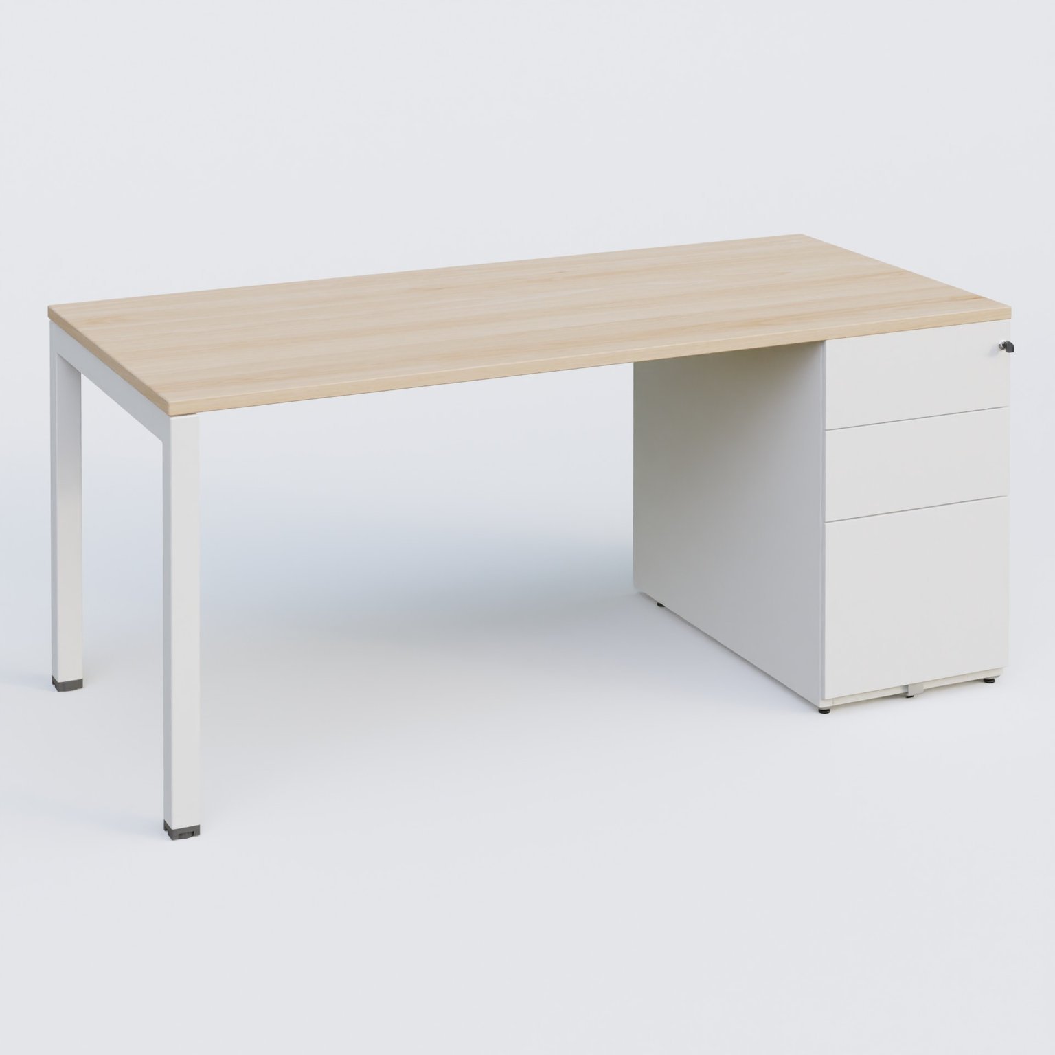 K3 Plateau droit 180x80 avec caisson métalique sous le plateau. Plateau Hêtre et pietement Blanc