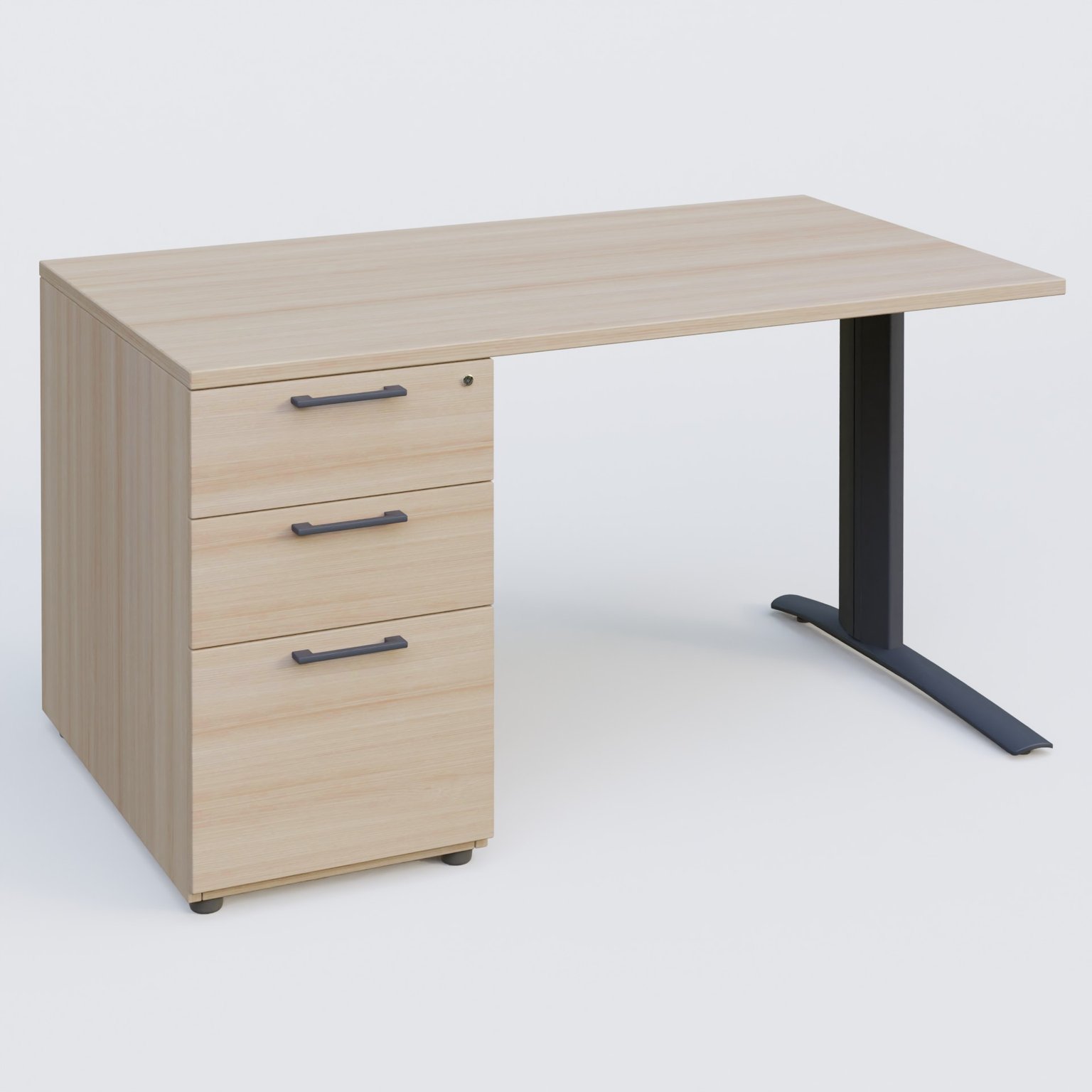 K1 Plateau droit 140x80 avec caisson porteur sous plateau mélamine à gauche. Plateau Acacia et pietement Anthracite