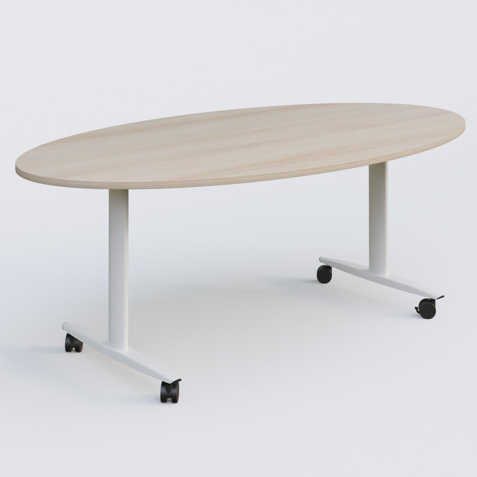 Table ovale abattante gamme Design 200-110 cm. Plateau Acacia et pietement Blanc.