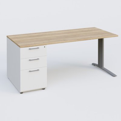 [Pas de famille] - [Pas de sous famille] - K1 Plateau droit 160x80 avec caisson porteur sous plateau mélamine à gauche. Plateau Chêne naturel et pietement Aluminium