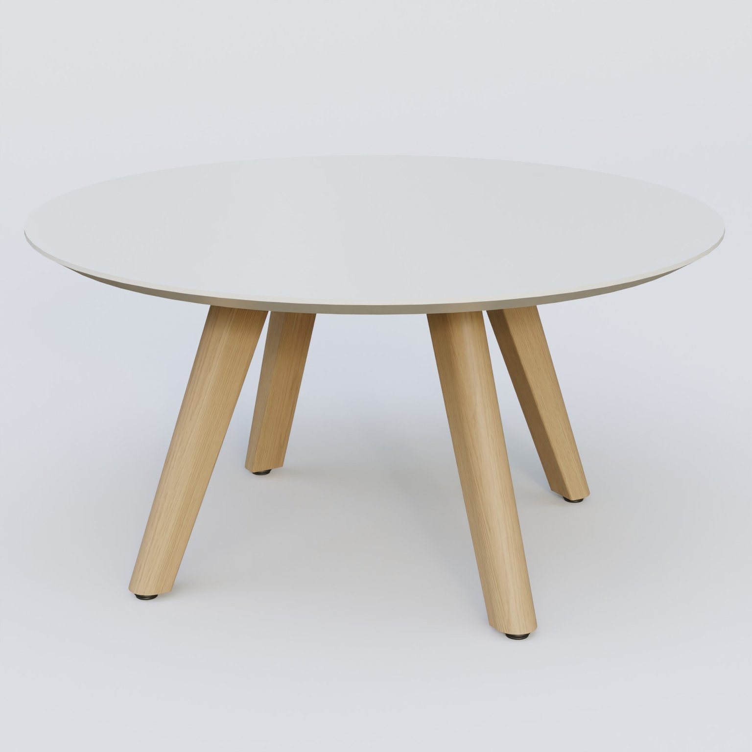 Table Basse Fashion Styl piètement 3 pieds en bois et plateau bois. Plateau Blanc (RAL 9010) et pietement Chêne.