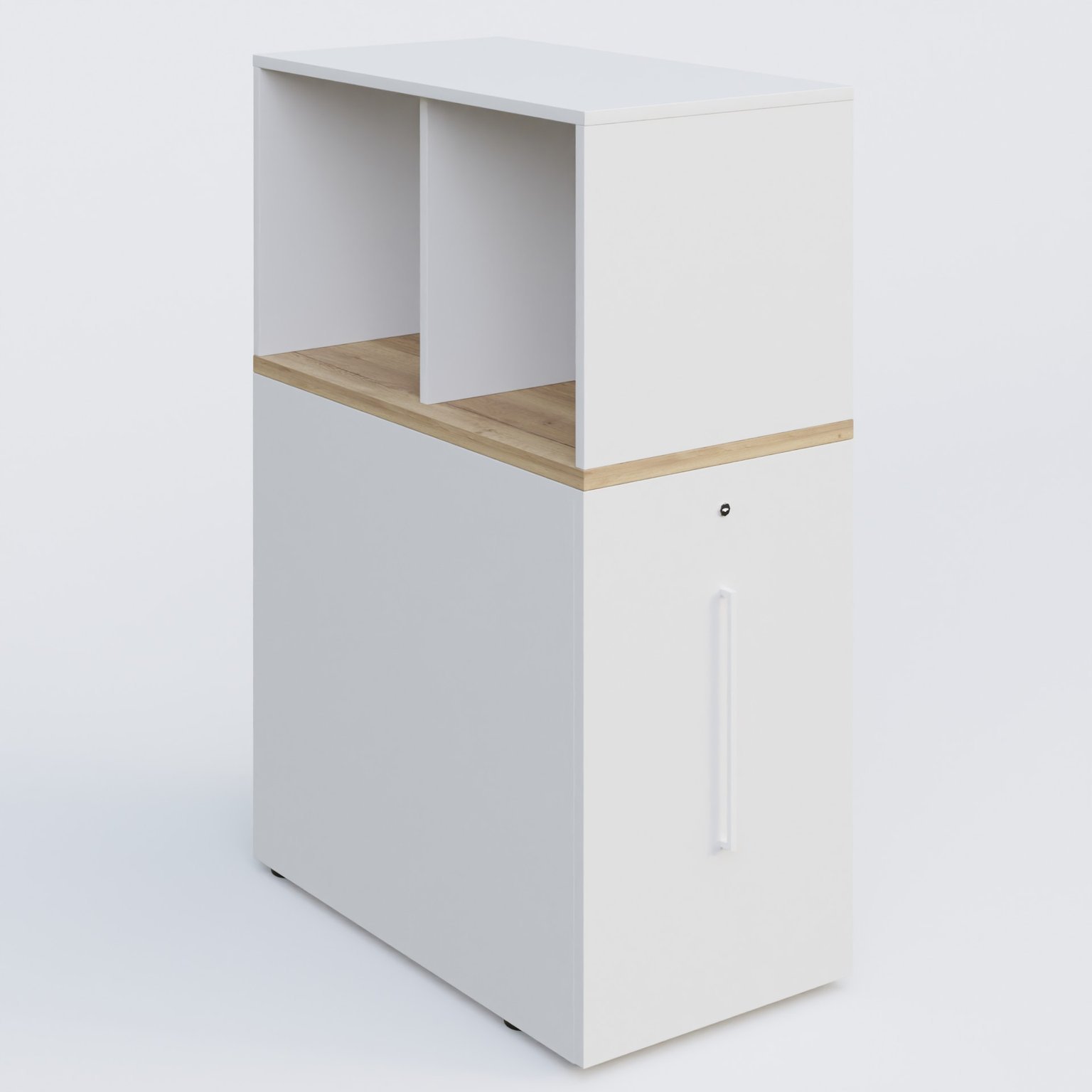 Tour de rangement hauteur de bureau position à droite avec Niche. Caisson Chêne naturel et top de finition Blanc.