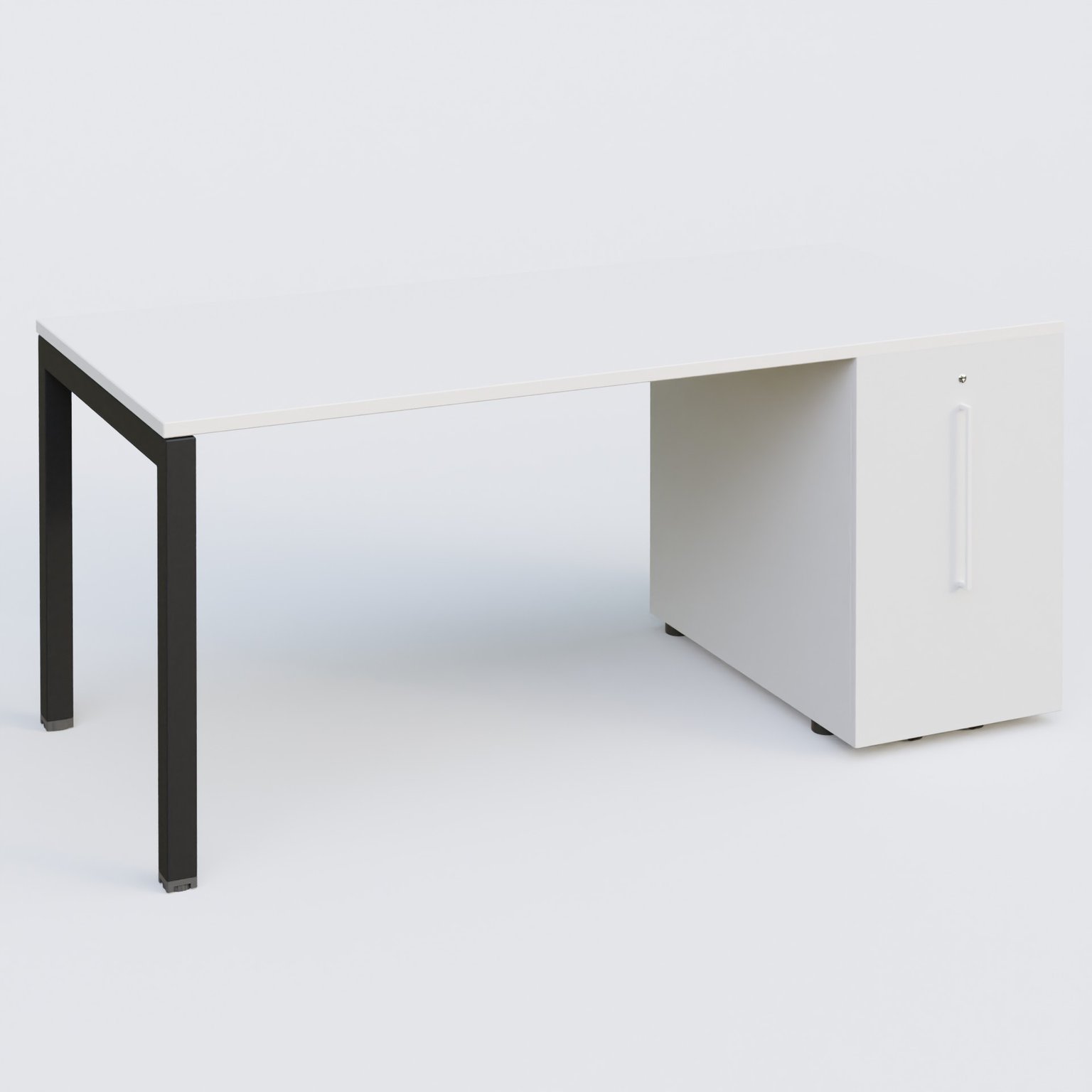 K3 Plateau droit 180x80 avec tour de rangement sous le plateau à droite. Plateau Blanc et pietement Noir Mat