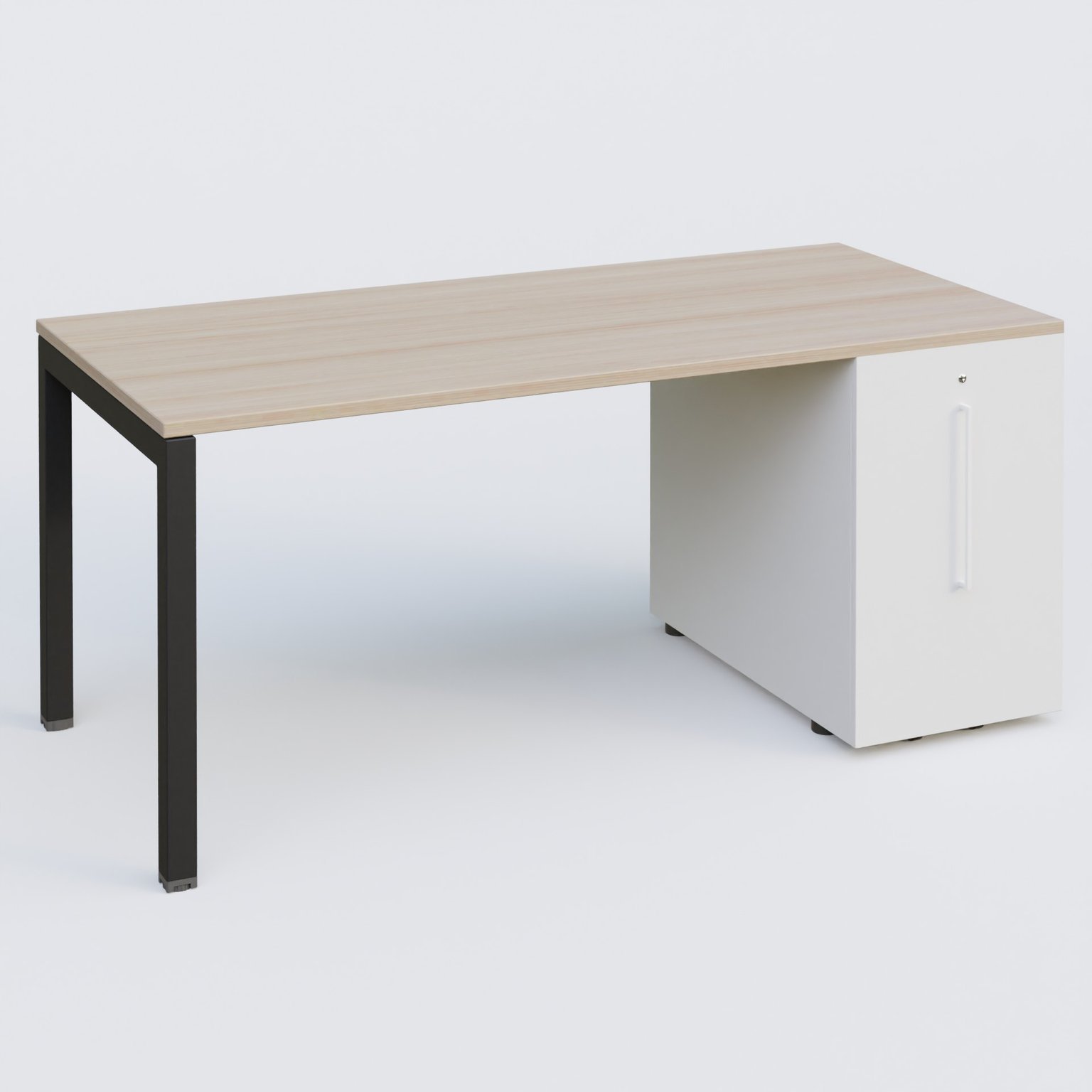 K3 Plateau droit 180x80 avec tour de rangement sous le plateau à droite. Plateau Acacia et pietement Noir Mat
