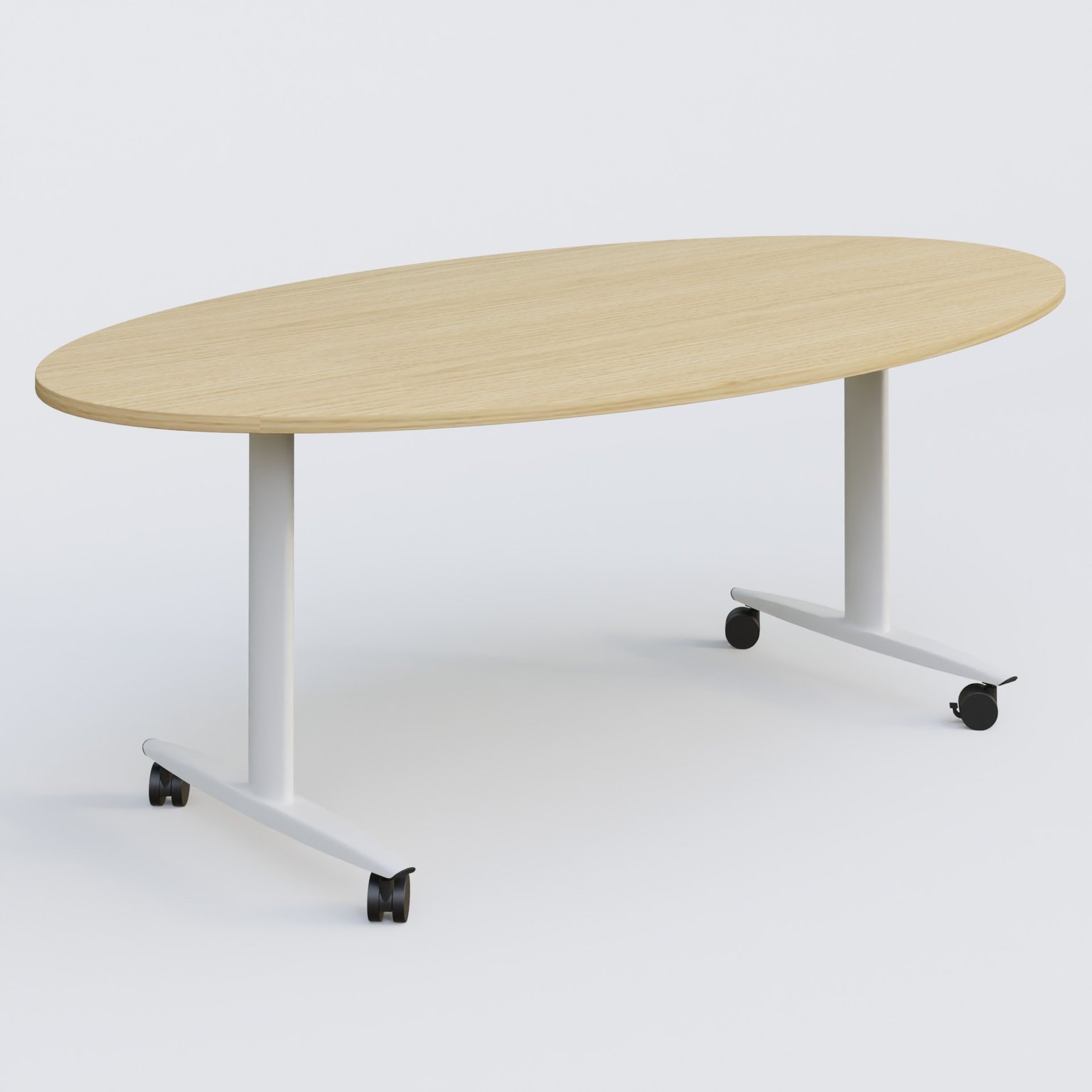 Table ovale abattante gamme Design 200-110 cm. Plateau Chêne clair et pietement Blanc.