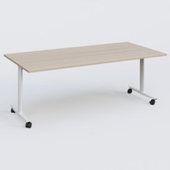 TABLES ABATTANTES - New Design - Table abattante gamme Design 200*100 cm. Plateau Acacia et pietement Blanc.